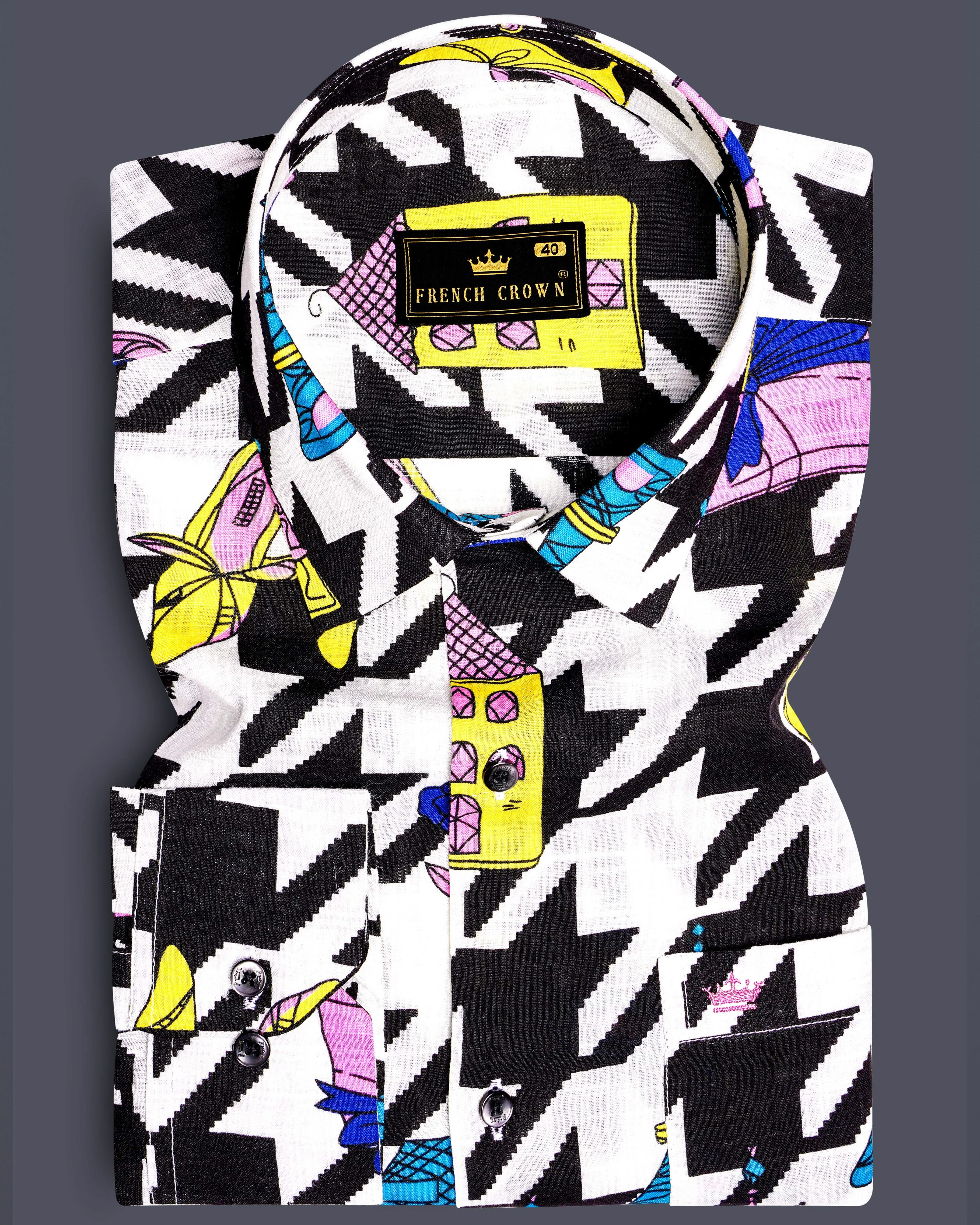 Lilac Thread-Black & White with Lavender Pink Herringbone Printed Lightweight Premium Cotton Multicolor Casual Shirt sold by French Crown