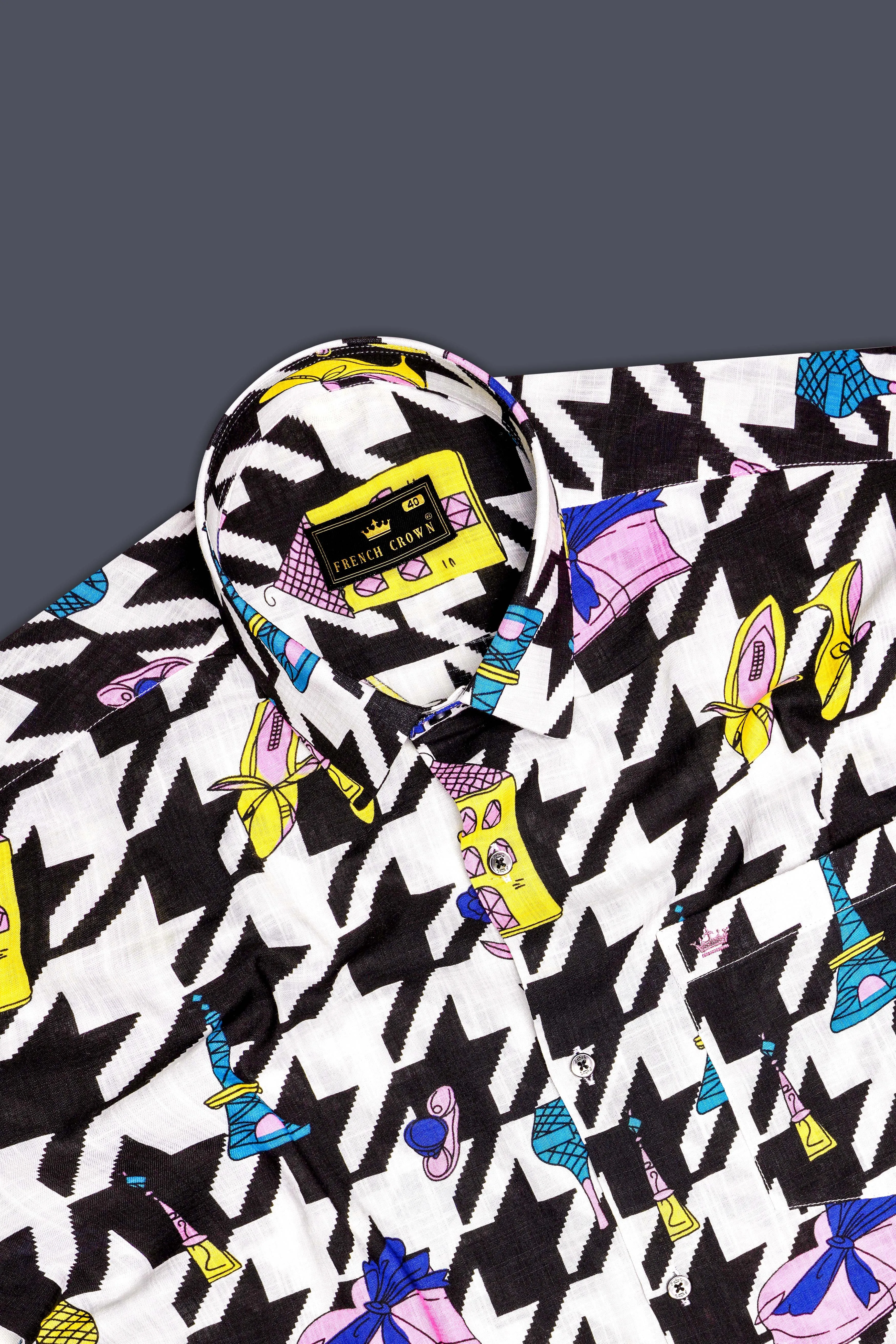 Lilac Thread-Black & White with Lavender Pink Herringbone Printed Lightweight Premium Cotton Multicolor Casual Shirt sold by French Crown product image thumbnail 5
