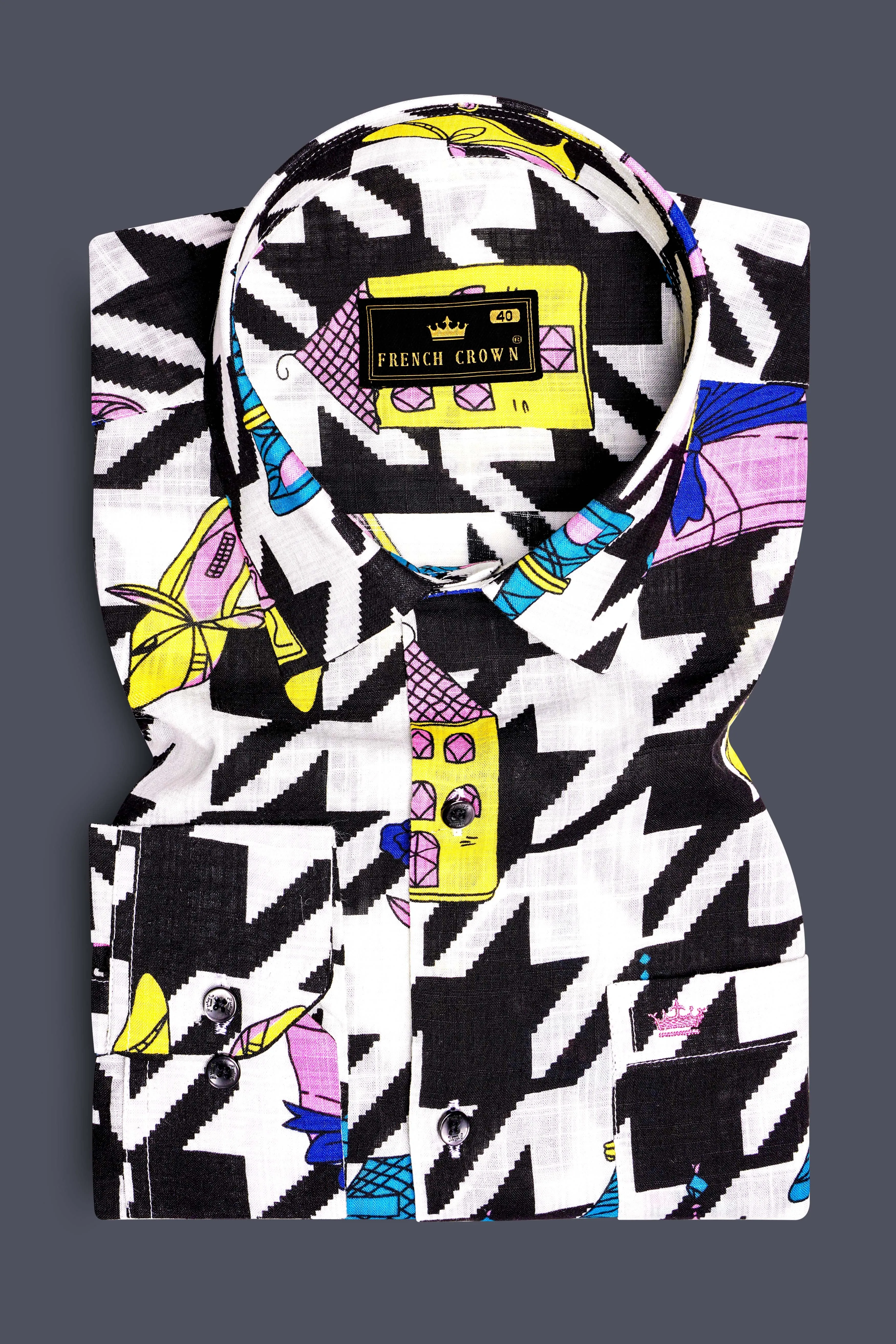 Lilac Thread-Black & White with Lavender Pink Herringbone Printed Lightweight Premium Cotton Multicolor Casual Shirt sold by French Crown product image thumbnail 2