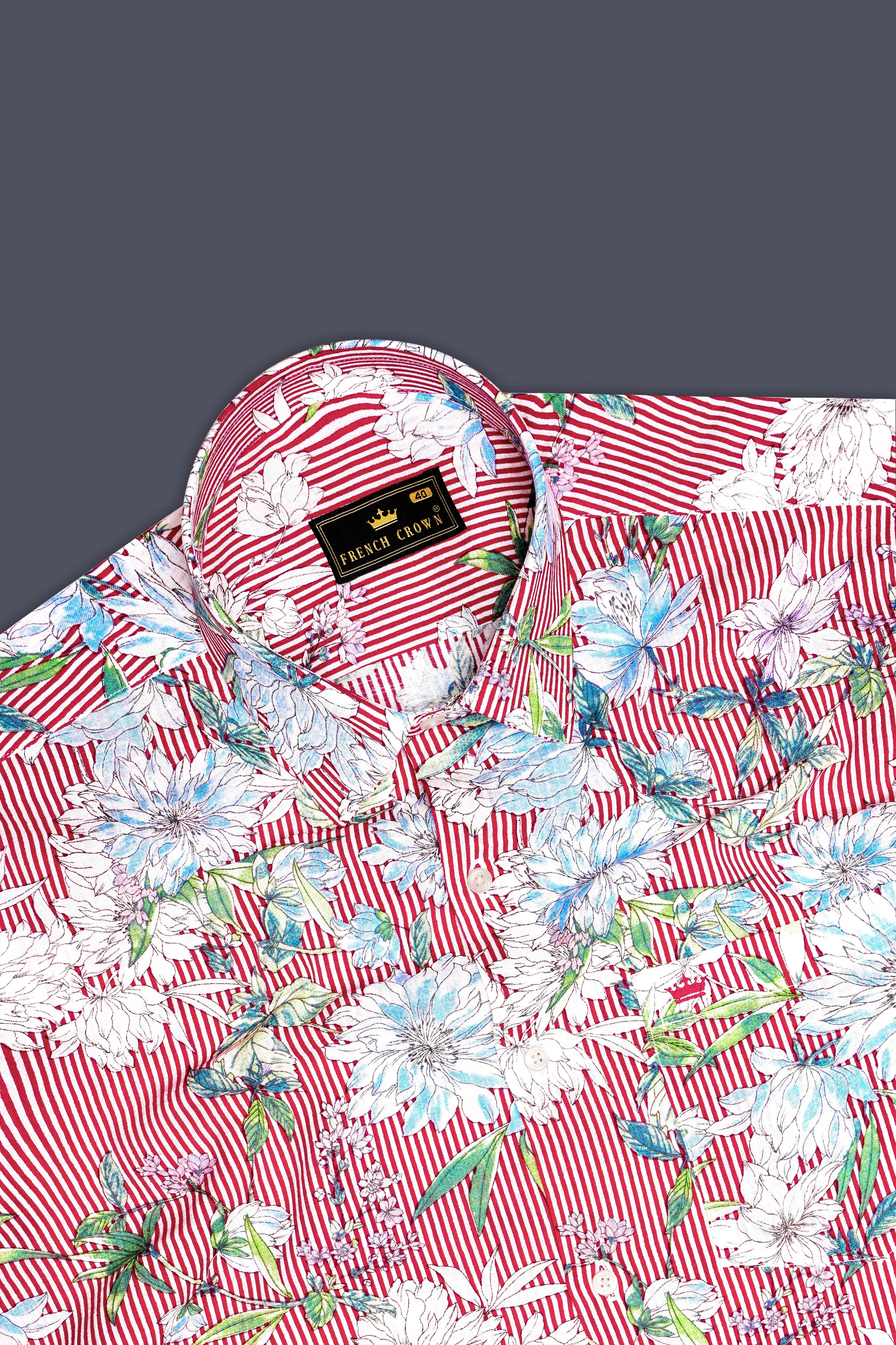 Scarlet Garden-Rudy Red and White Floral Printed Lightweight Premium Cotton Casual Shirt sold by French Crown product image thumbnail 5