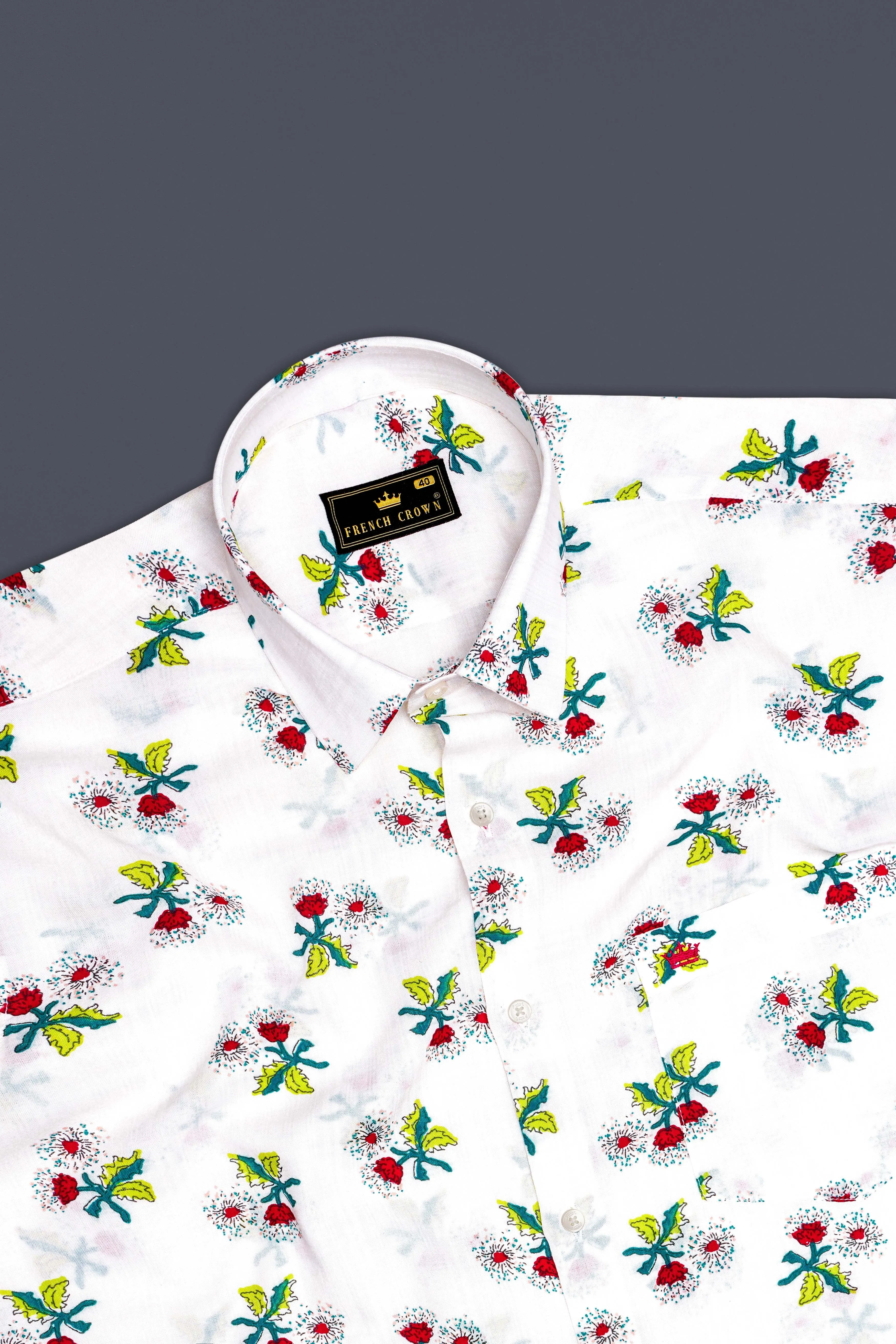 Petite Petals-Bright White Ditsy Printed Lightweight Premium Cotton Casual Shirt sold by French Crown product image thumbnail 5