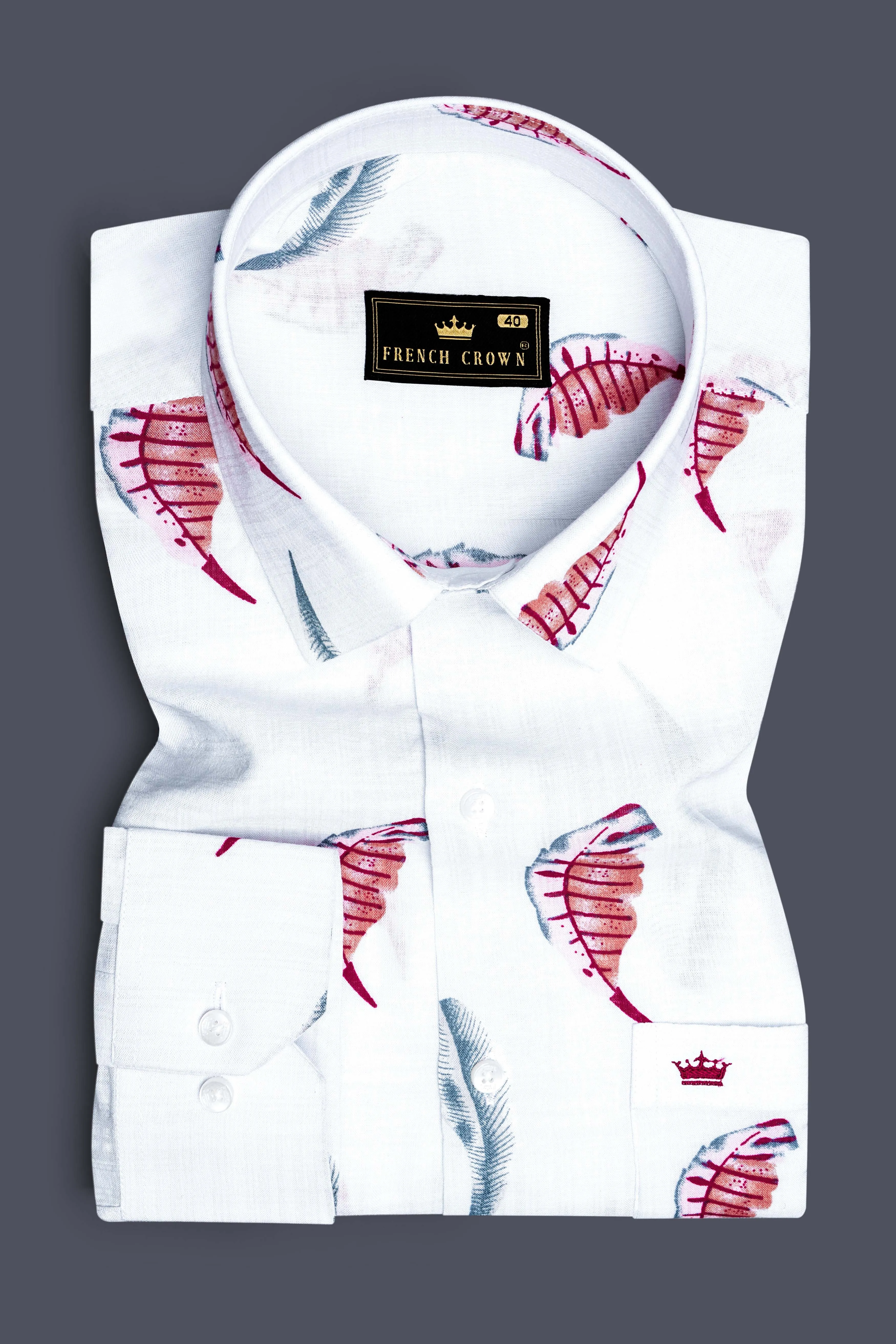 Alpine Leaf-Bright White Leaves Printed Lightweight Premium Cotton Casual Shirt sold by French Crown product image thumbnail 2