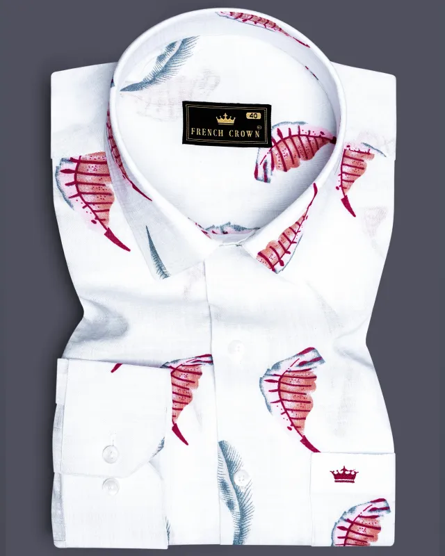 Alpine Leaf-Bright White Leaves Printed Lightweight Premium Cotton Casual Shirt made by French Crown
