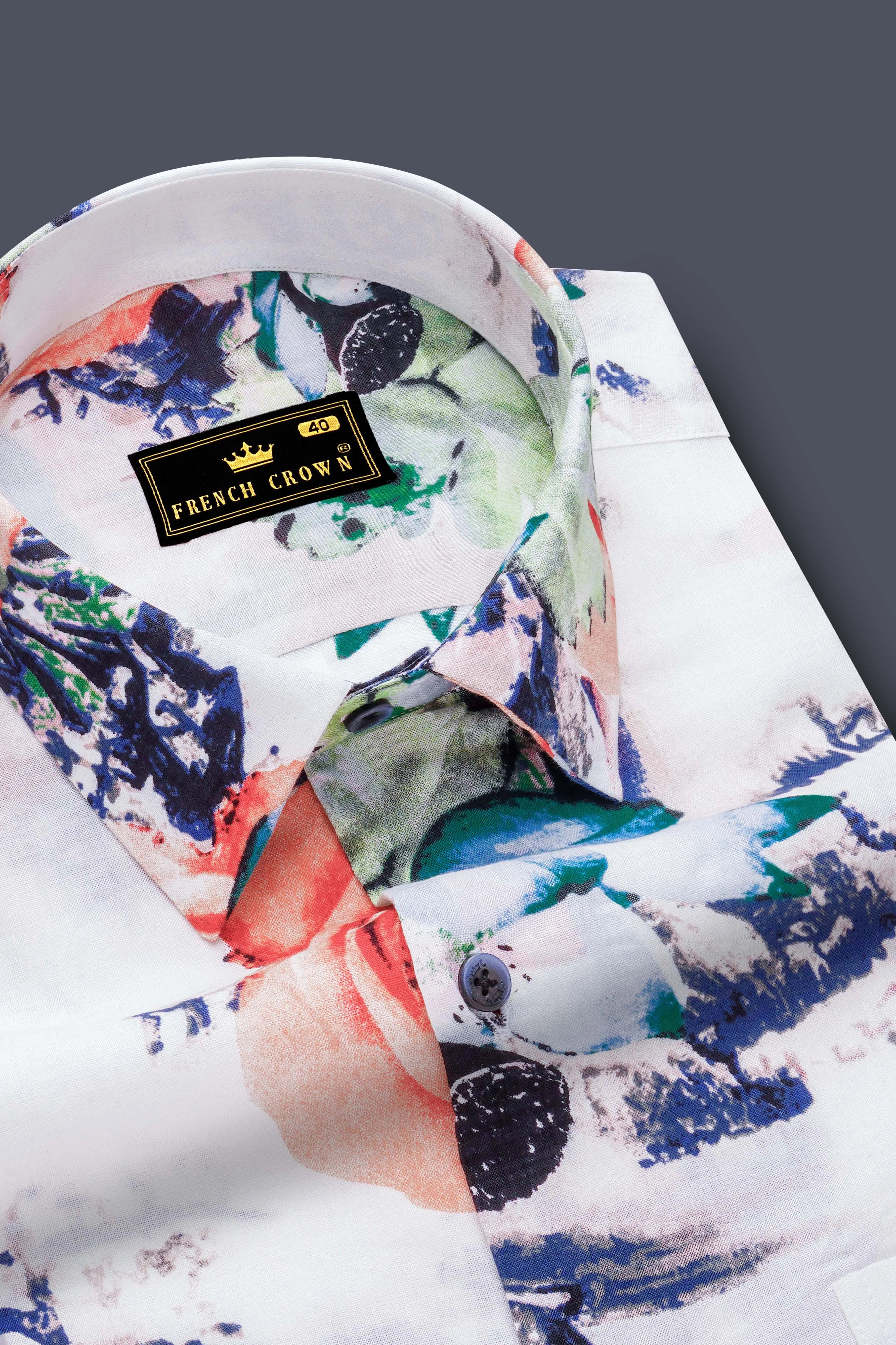 Rosé Whisper-Bright White with Tacao Peach Rose Printed Lightweight Premium Cotton Multicolor Casual Shirt sold by French Crown product image thumbnail 4