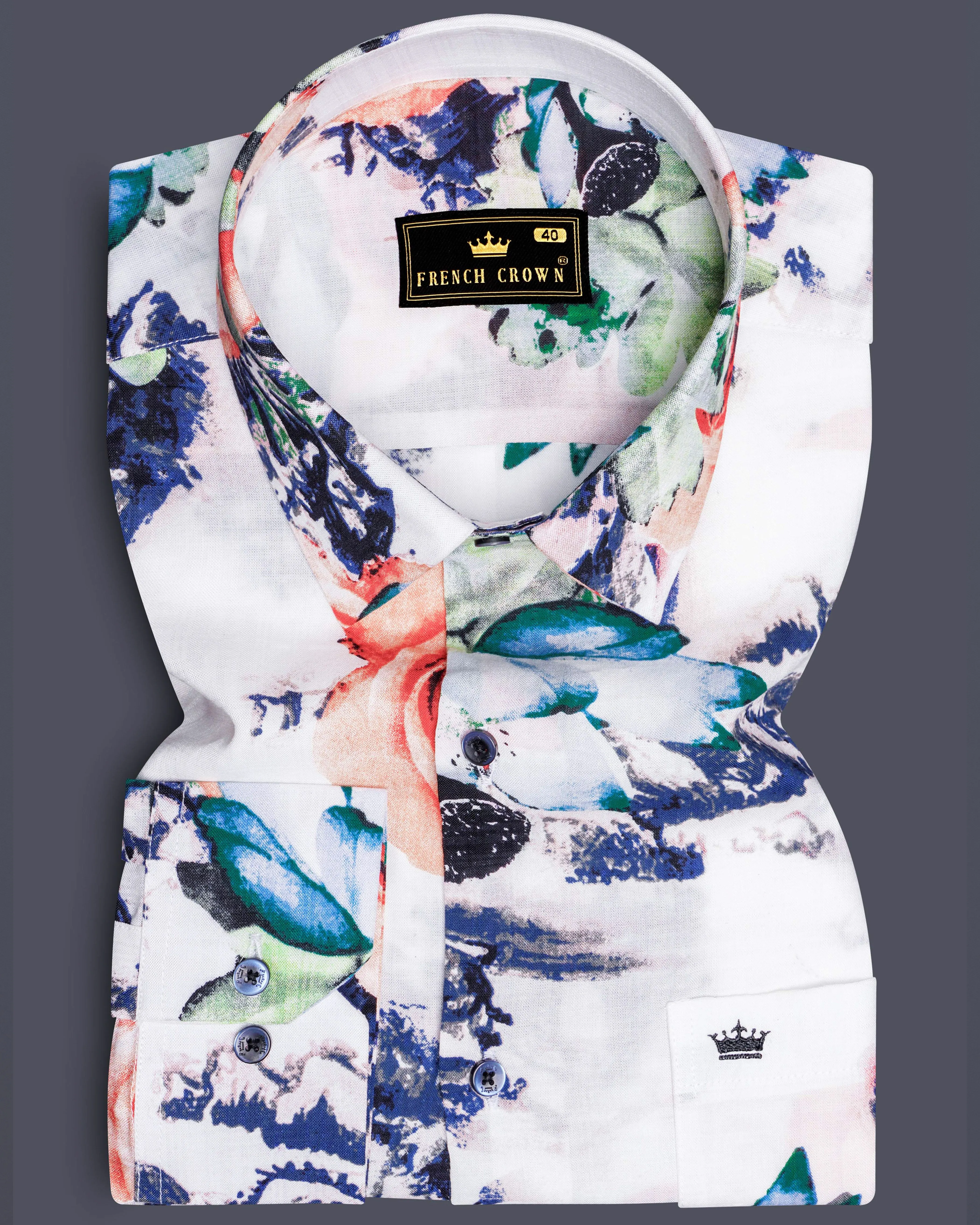 Rosé Whisper-Bright White with Tacao Peach Rose Printed Lightweight Premium Cotton Multicolor Casual Shirt sold by French Crown