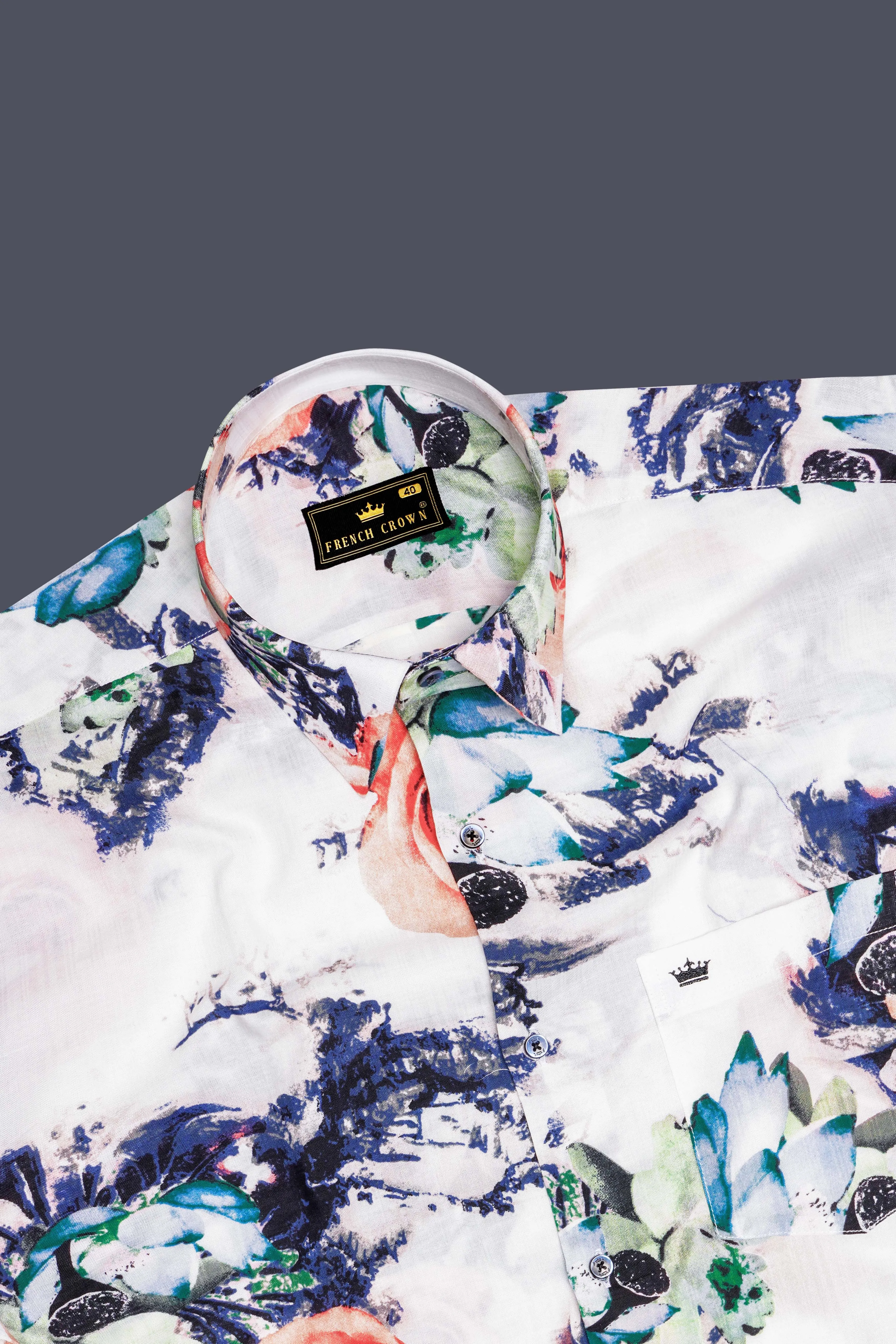 Rosé Whisper-Bright White with Tacao Peach Rose Printed Lightweight Premium Cotton Multicolor Casual Shirt sold by French Crown product image thumbnail 5