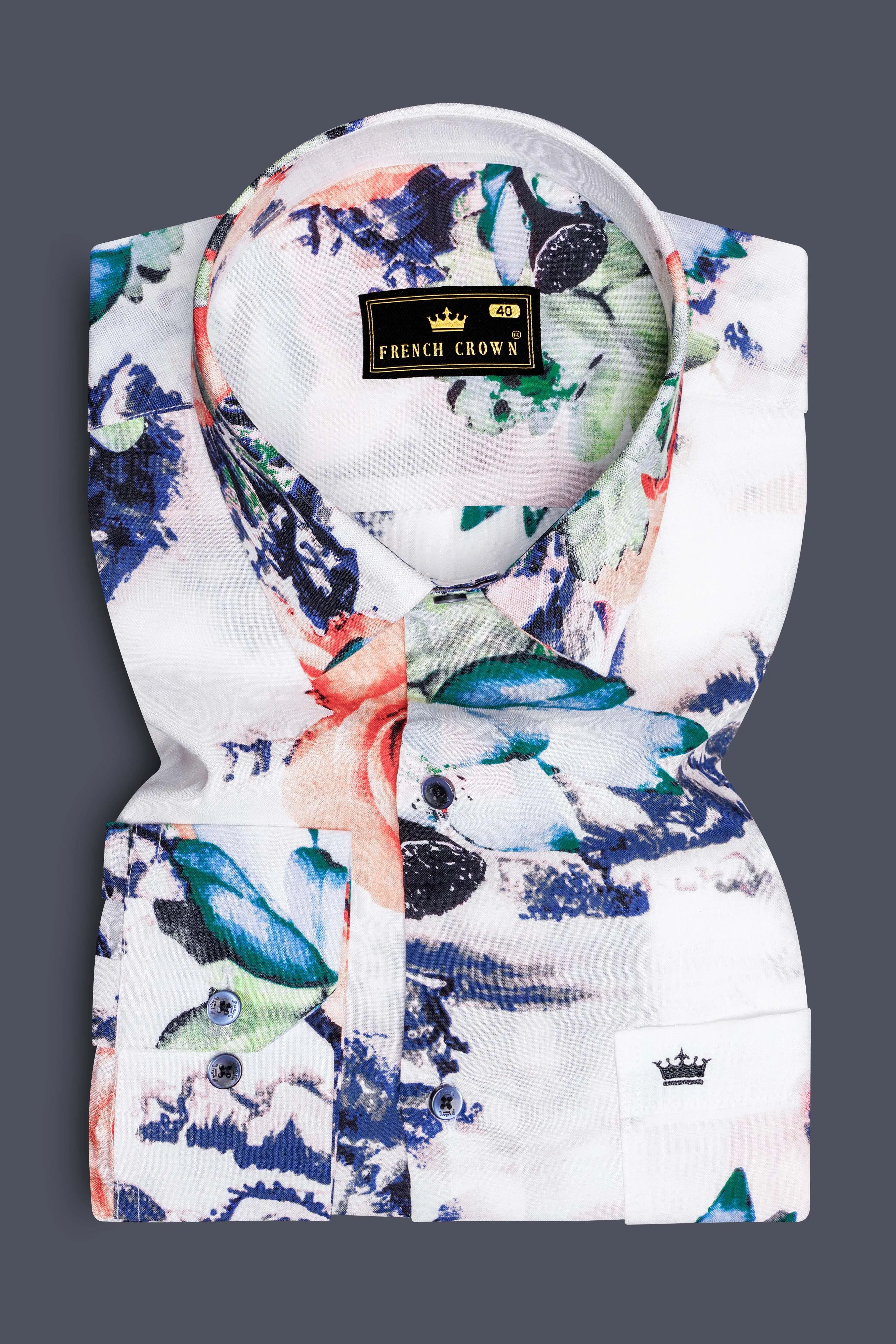 Rosé Whisper-Bright White with Tacao Peach Rose Printed Lightweight Premium Cotton Multicolor Casual Shirt sold by French Crown product image thumbnail 2