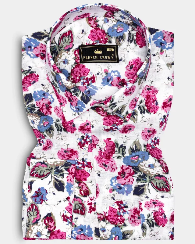 RoseWhimsy-Merino White and Cardinal Pink Floral Printed Lightweight Premium Cotton Shirt sold by French Crown