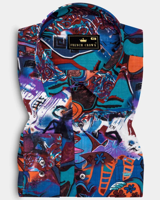 BlueEclipse-Cyan Blue Multicolor Abstract Printed Lightweight Premium Cotton Casual Shirts sold by French Crown