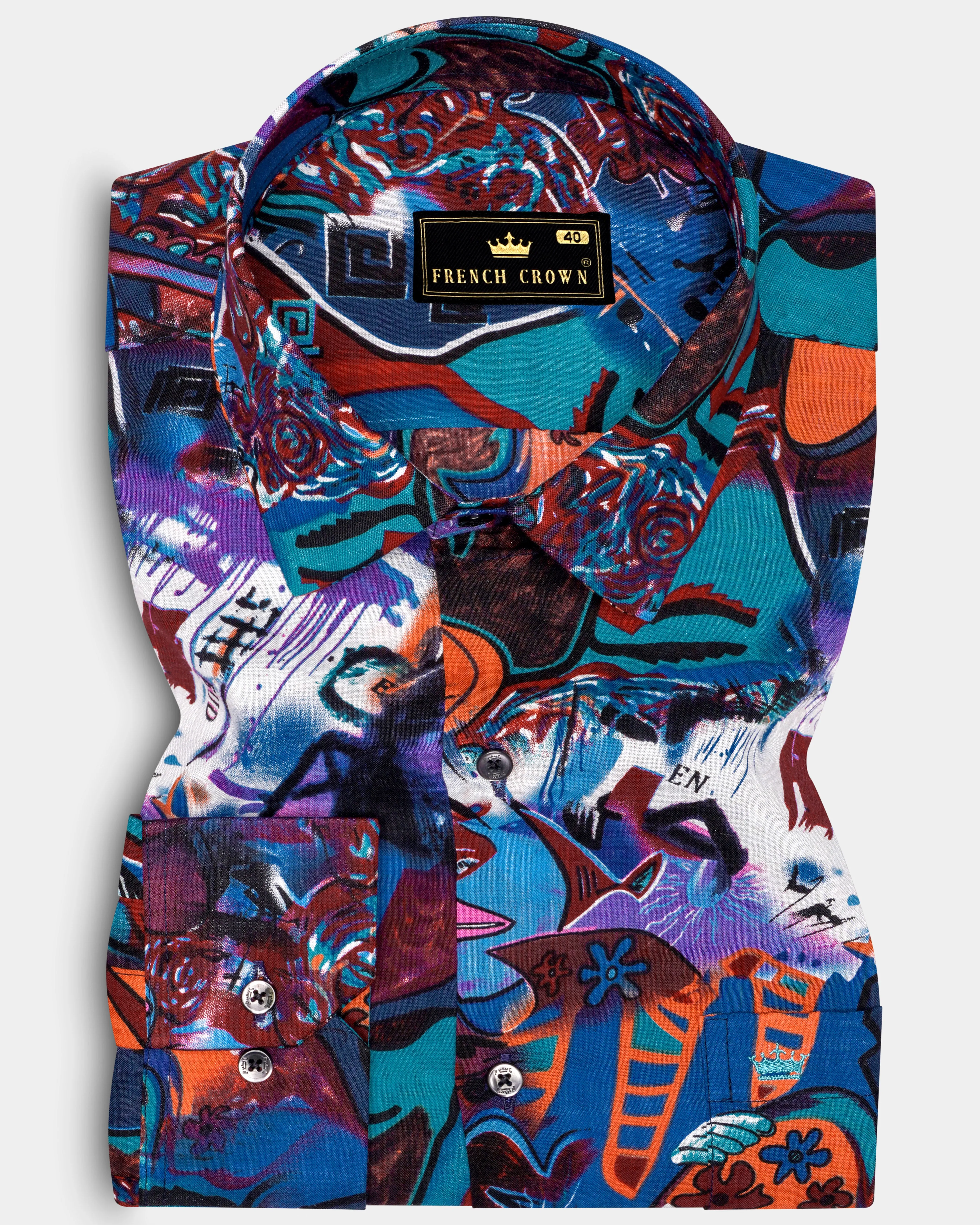 BlueEclipse-Cyan Blue Multicolor Abstract Printed Lightweight Premium Cotton Casual Shirts sold by French Crown