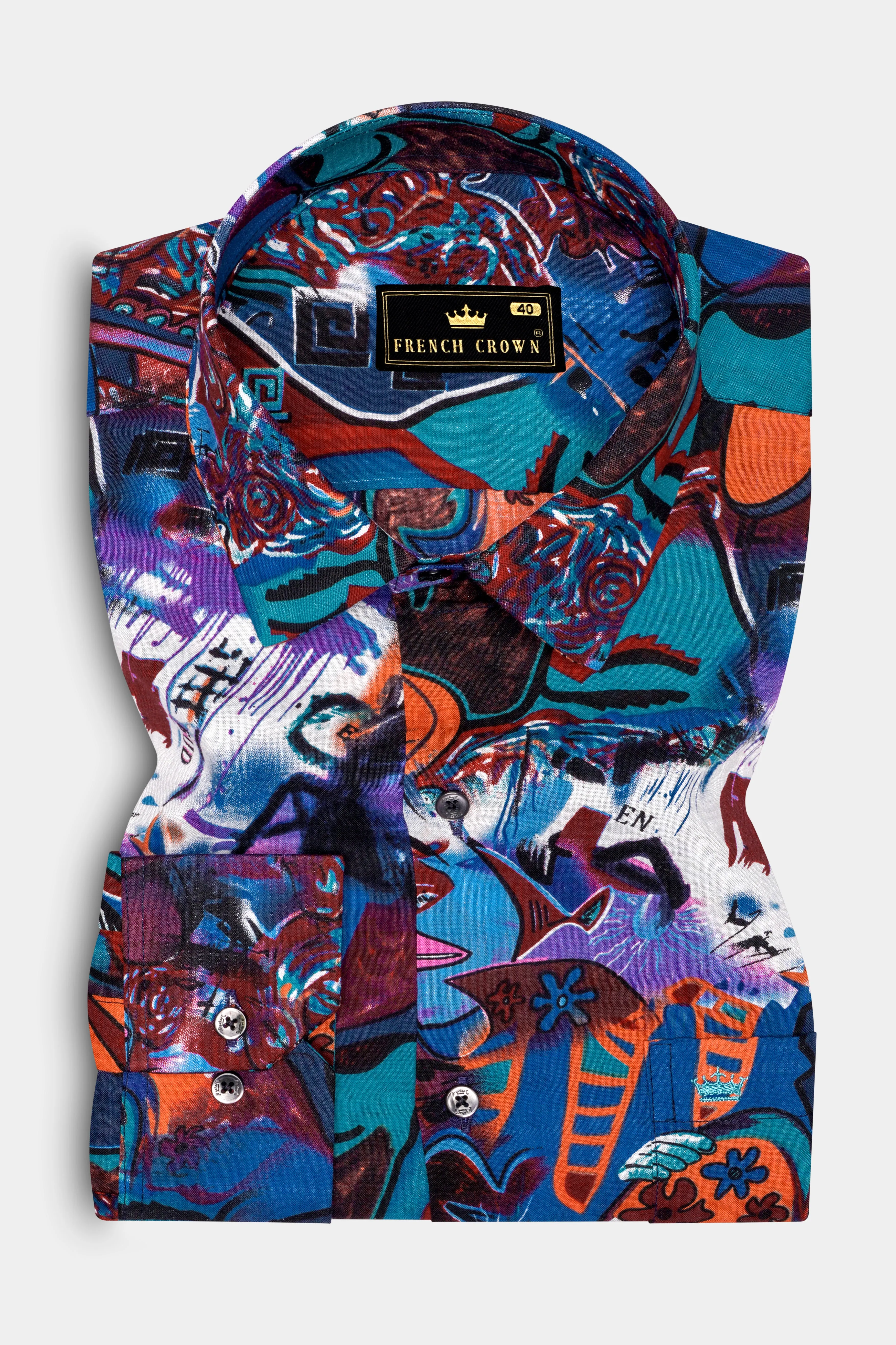 BlueEclipse-Cyan Blue Multicolor Abstract Printed Lightweight Premium Cotton Casual Shirts sold by French Crown product image thumbnail 2