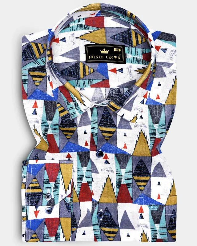 GoldenVale-Bright White with Marigold Brown and Yale Blue Printed Lightweight Premium Cotton Multicolor Casual Shirt sold by French Crown