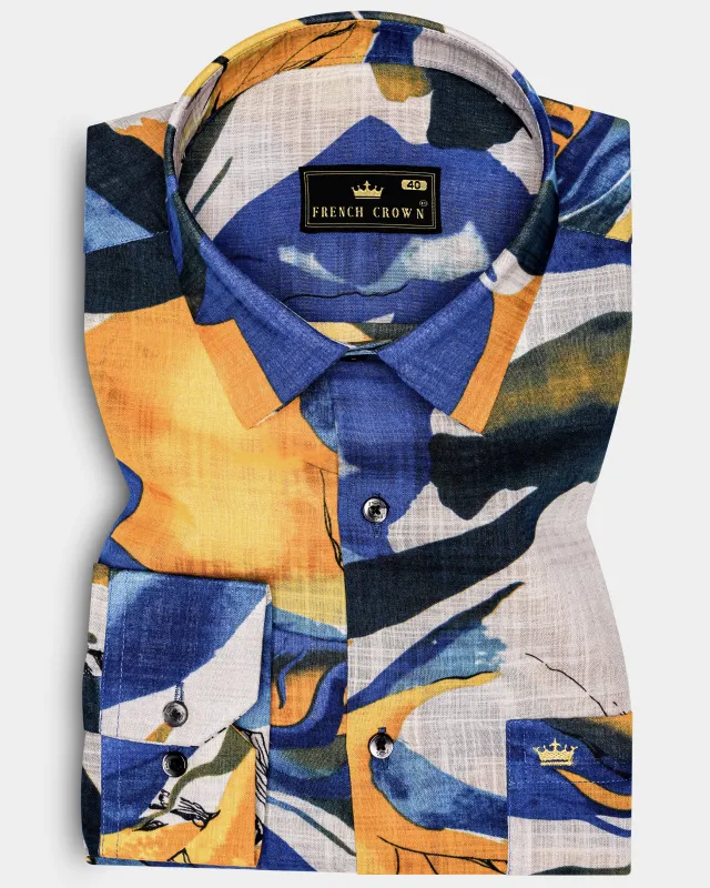 ZestyAzure-Saffron Yellow with Cobalt Blue Funky Printed Lightweight Premium Cotton Multicolor Casual Shirt sold by French Crown