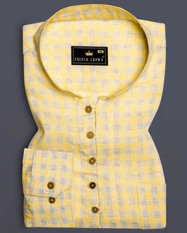 SaffronLoom -Sandwisp Yellow Gingham Plaid Luxurious Linen Casual Kurta Shirt sold by French Crown