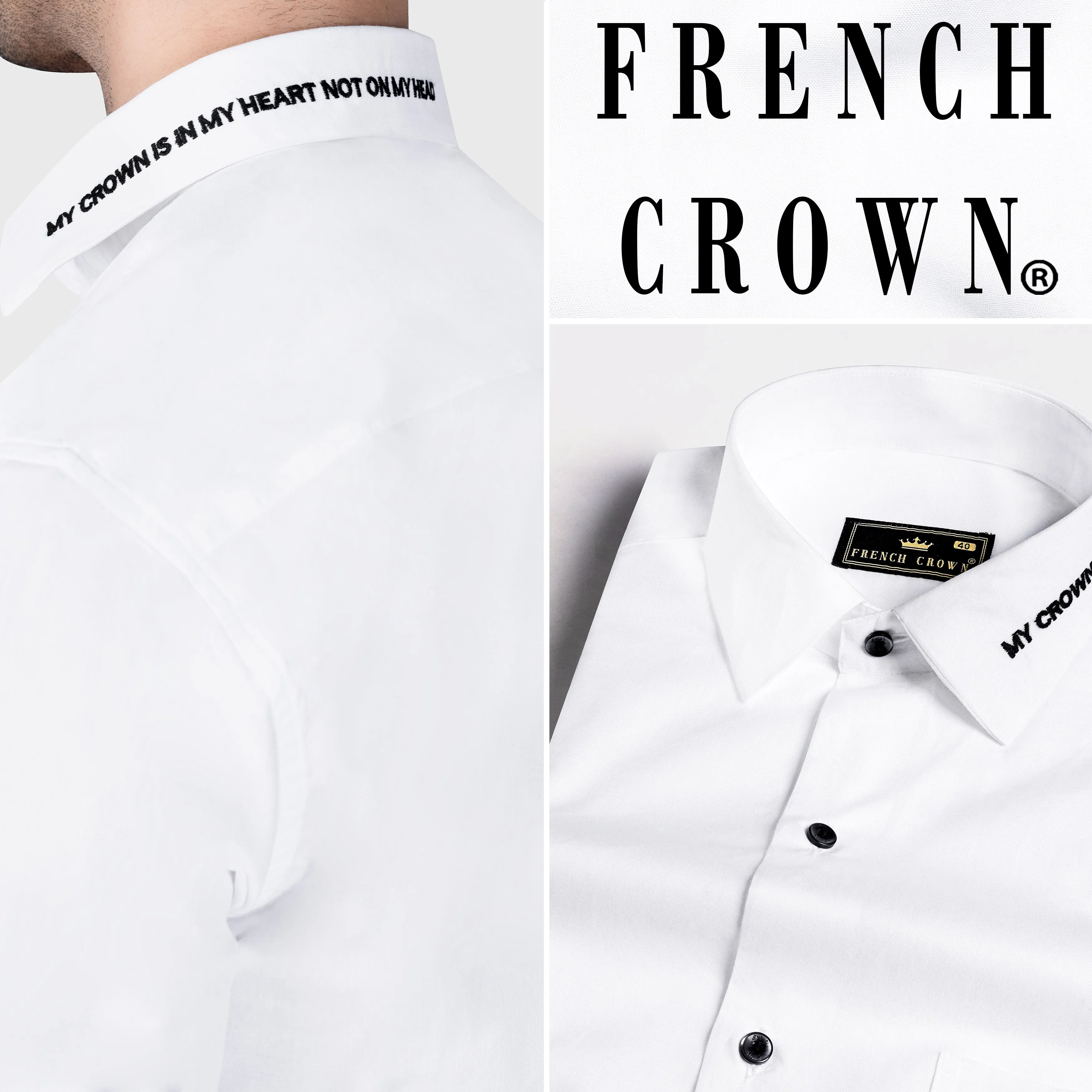 Bright White Quote Embroidered Subtle Sheen Super Soft Premium Cotton Designer Shirt sold by French Crown