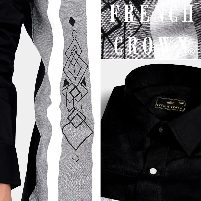 Jade Black with White and Nevada Gray Hand Painted Subtle Sheen Super Soft Premium Cotton Designer Shirt sold by French Crown