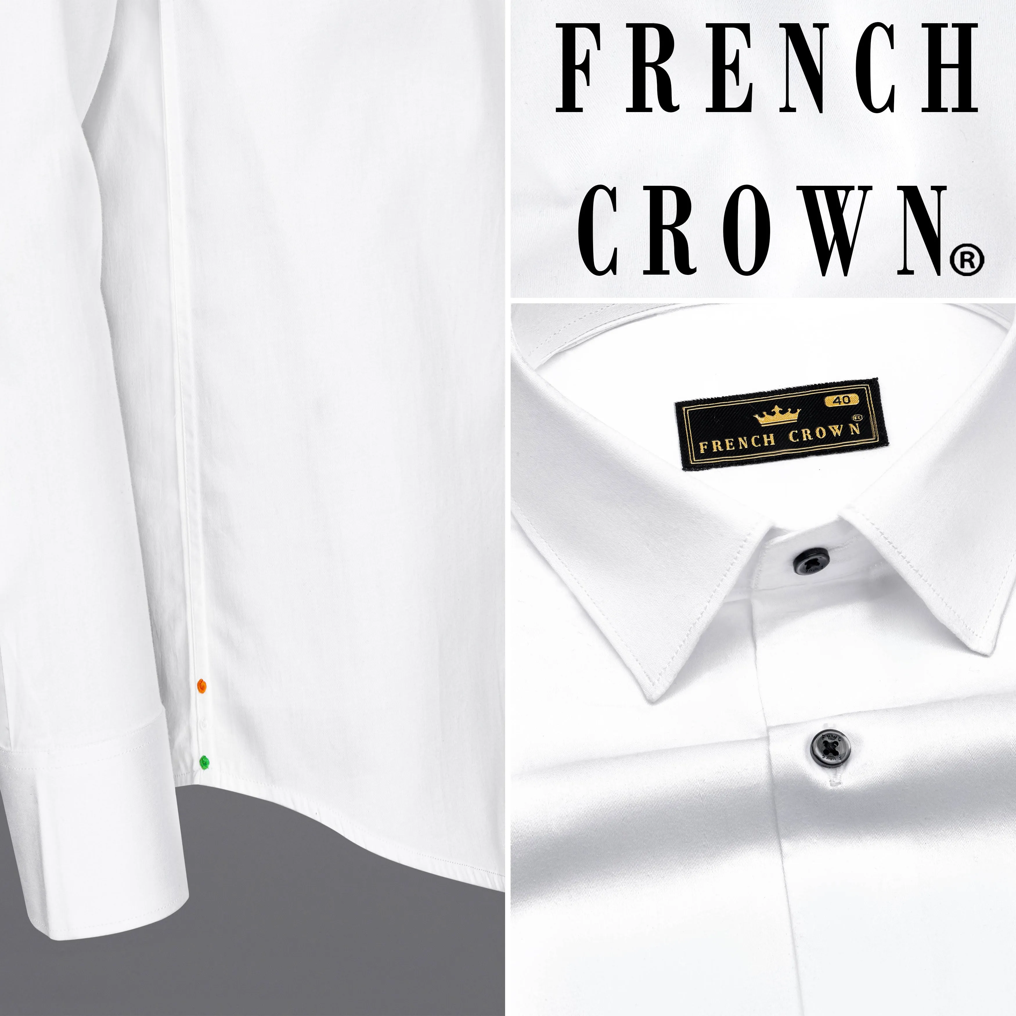 Bright White Subtle Sheen with Bottom Right Tricolour Embroidered Super Soft Premium Cotton Shirt sold by French Crown