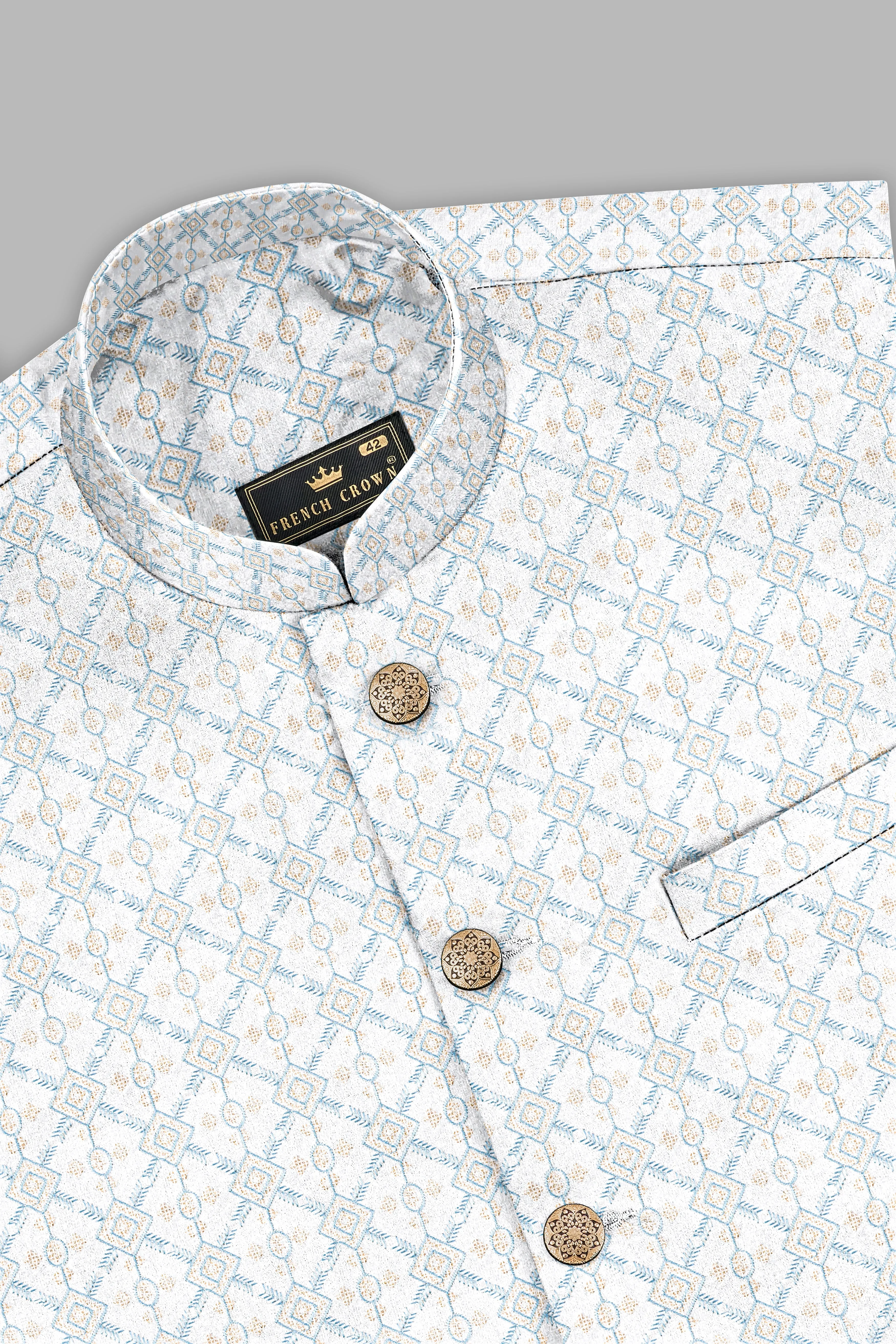 Sand Cream and Glacier Blue Geometric Thread Embroidered Nehru Jacket sold by French Crown product image thumbnail 4