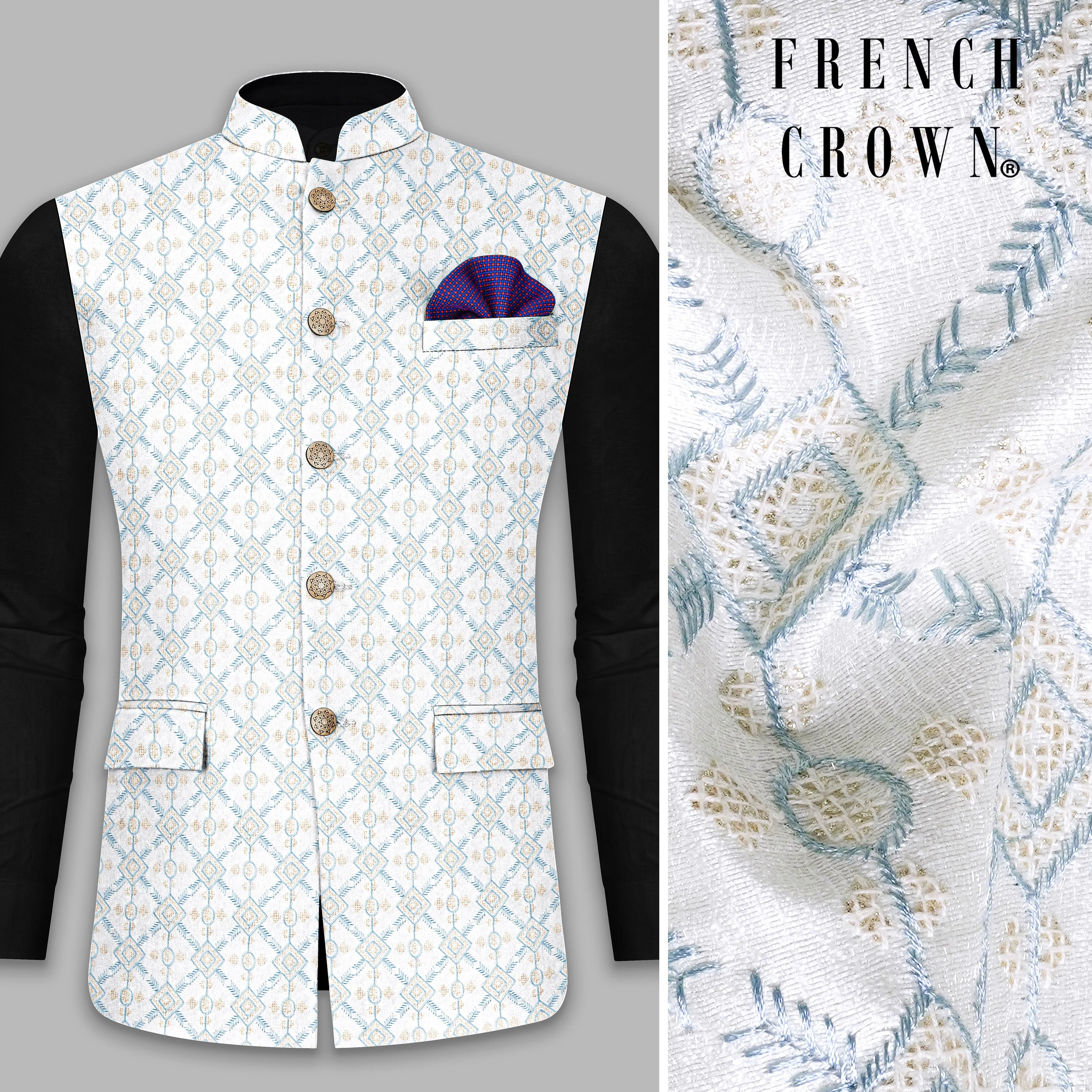 Sand Cream and Glacier Blue Geometric Thread Embroidered Nehru Jacket sold by French Crown