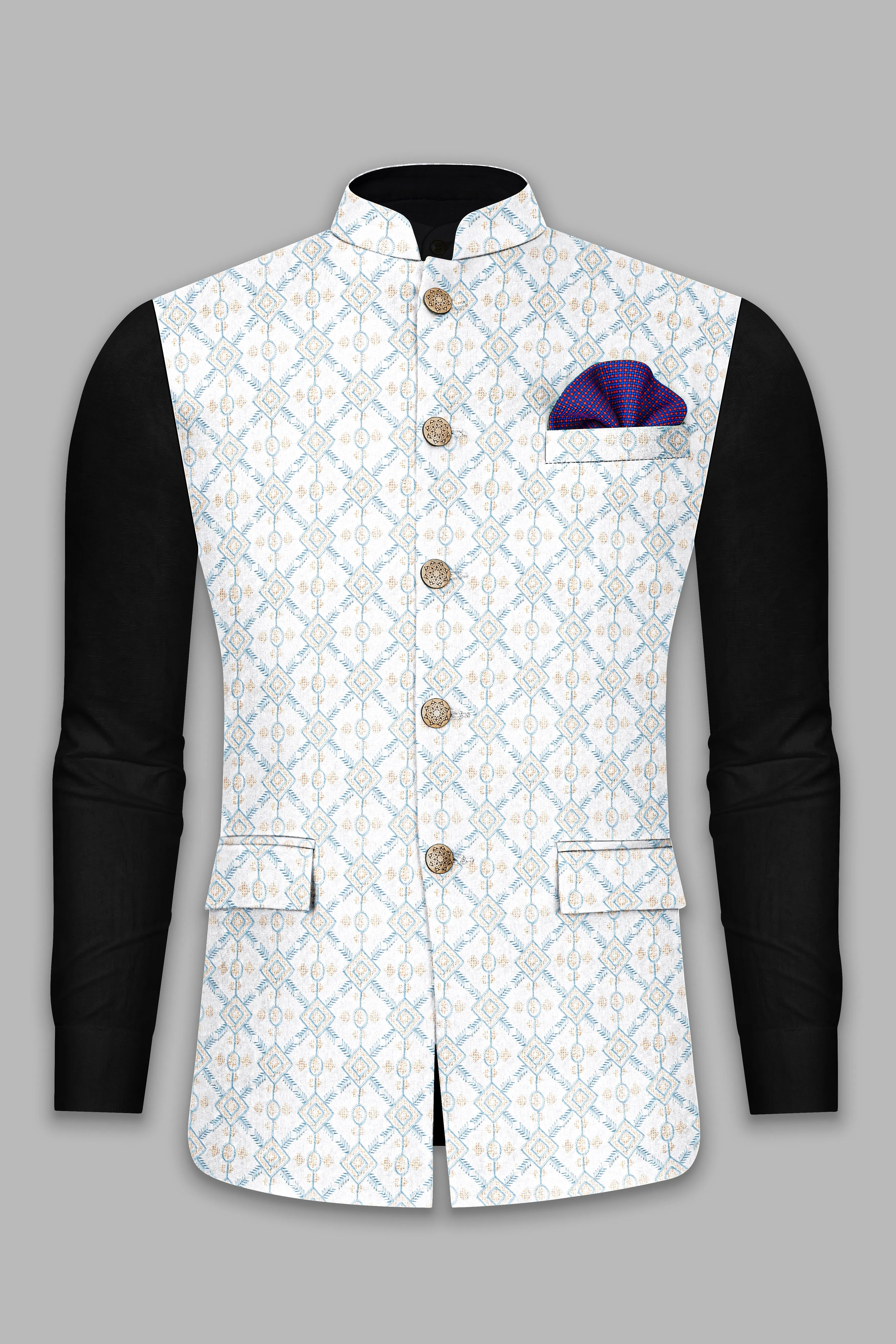 Sand Cream and Glacier Blue Geometric Thread Embroidered Nehru Jacket sold by French Crown product image thumbnail 2