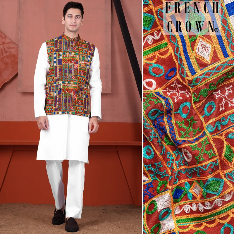 Bright White Cotton Thread Embroidered Designer Kurta With Nehru Jacket sold by French Crown