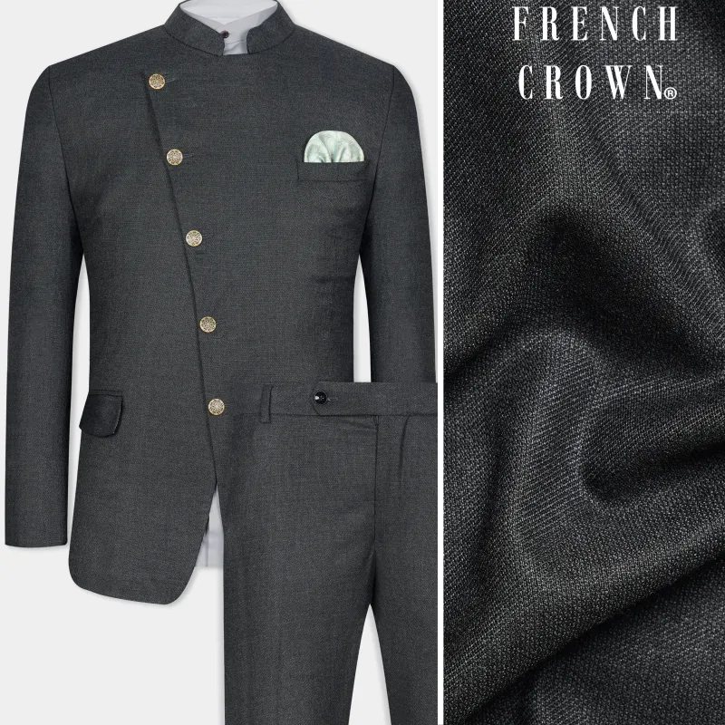 Gunmetal Grey Cross Placket Wool Rich Bandhgala Suit sold by French Crown