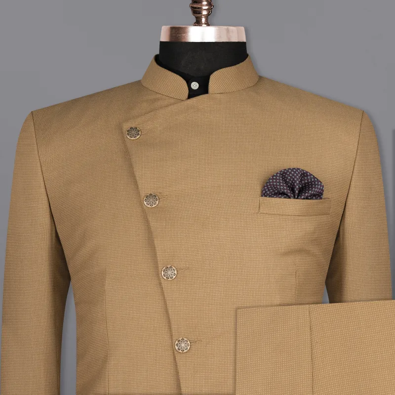 Oak Brown Cross Placket Bandhgala Premium Cotton Suit sold by French Crown