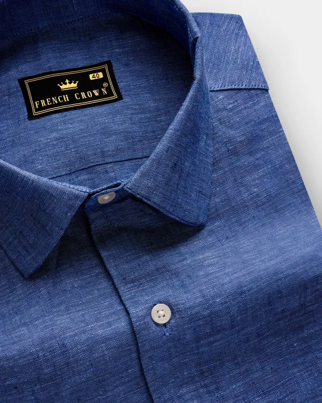 OrbitLuxe-Astronaut Blue Textured Luxurious Linen Dress Shirt made by French Crown