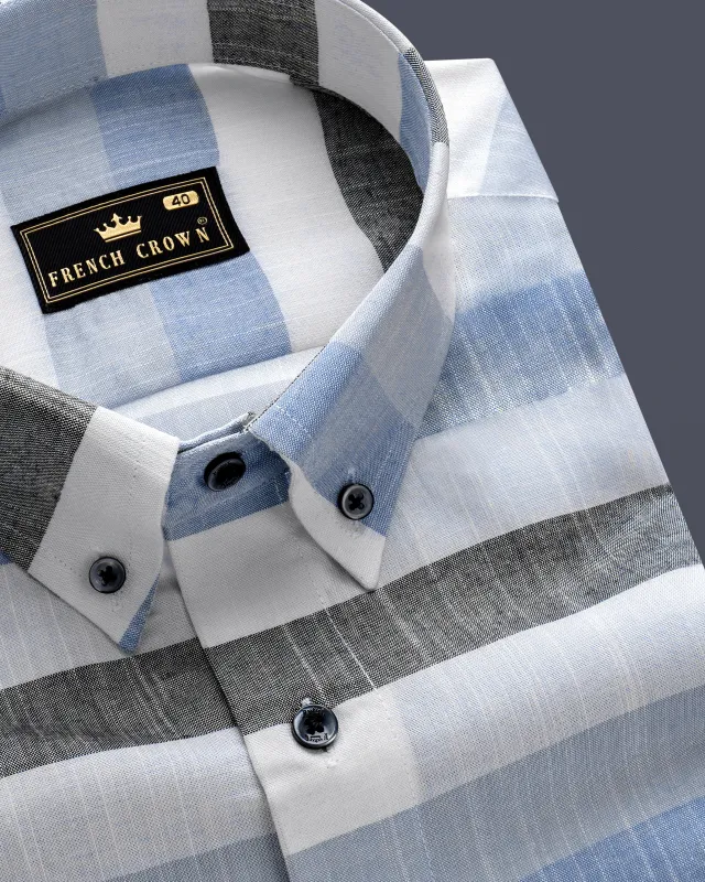 Skyline-Bright White And Glaucous Blue Horizontal Striped Super Soft Premium Tencel Semi Formal Shirt sold by French Crown