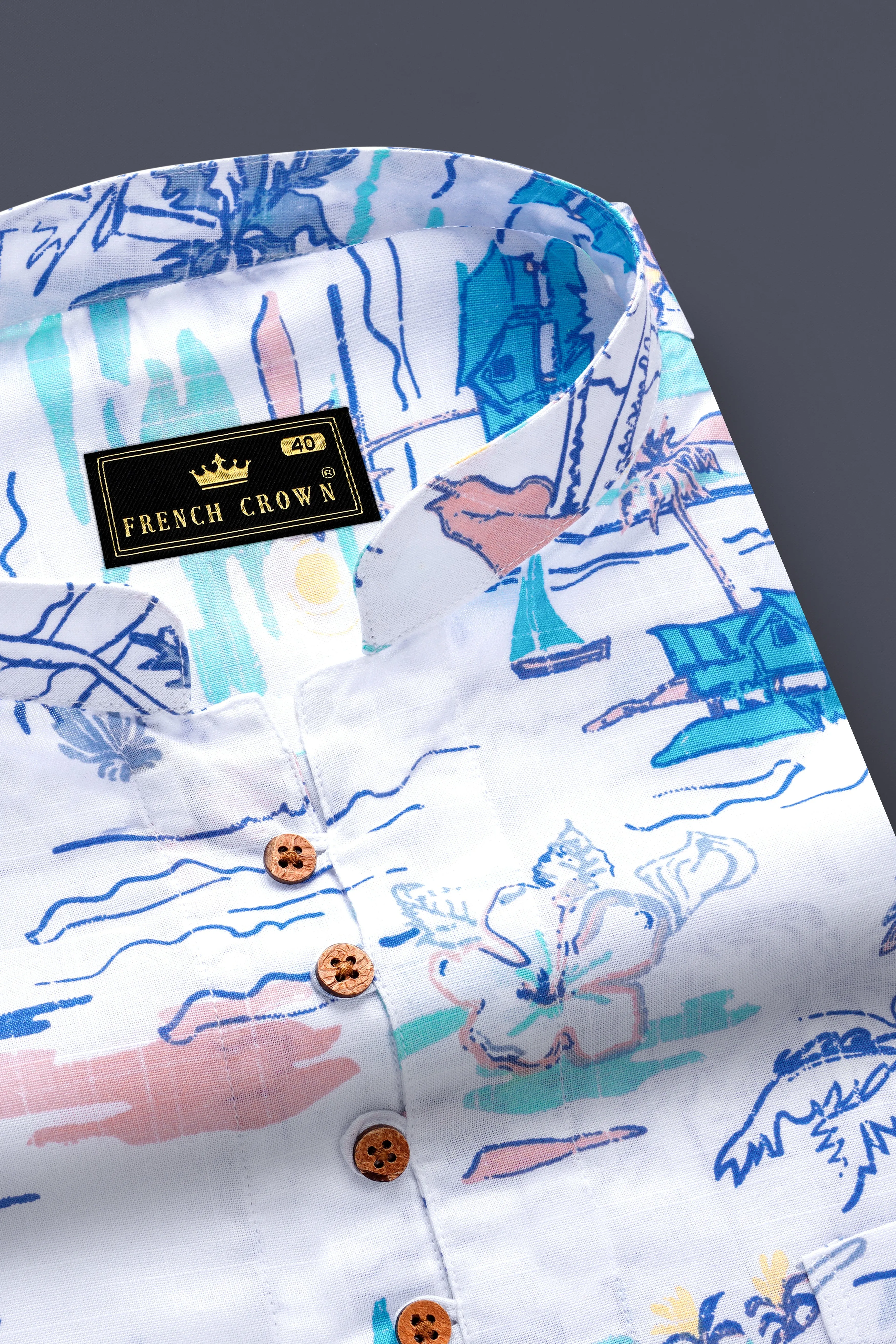 AzureGlow-Bright White And Mabel Blue Printed Chambray Premium Cotton Casual Kurta Shirt sold by French Crown product image thumbnail 4