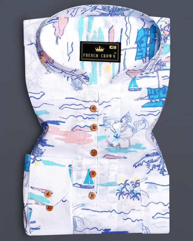 AzureGlow-Bright White And Mabel Blue Printed Chambray Premium Cotton Casual Kurta Shirt sold by French Crown