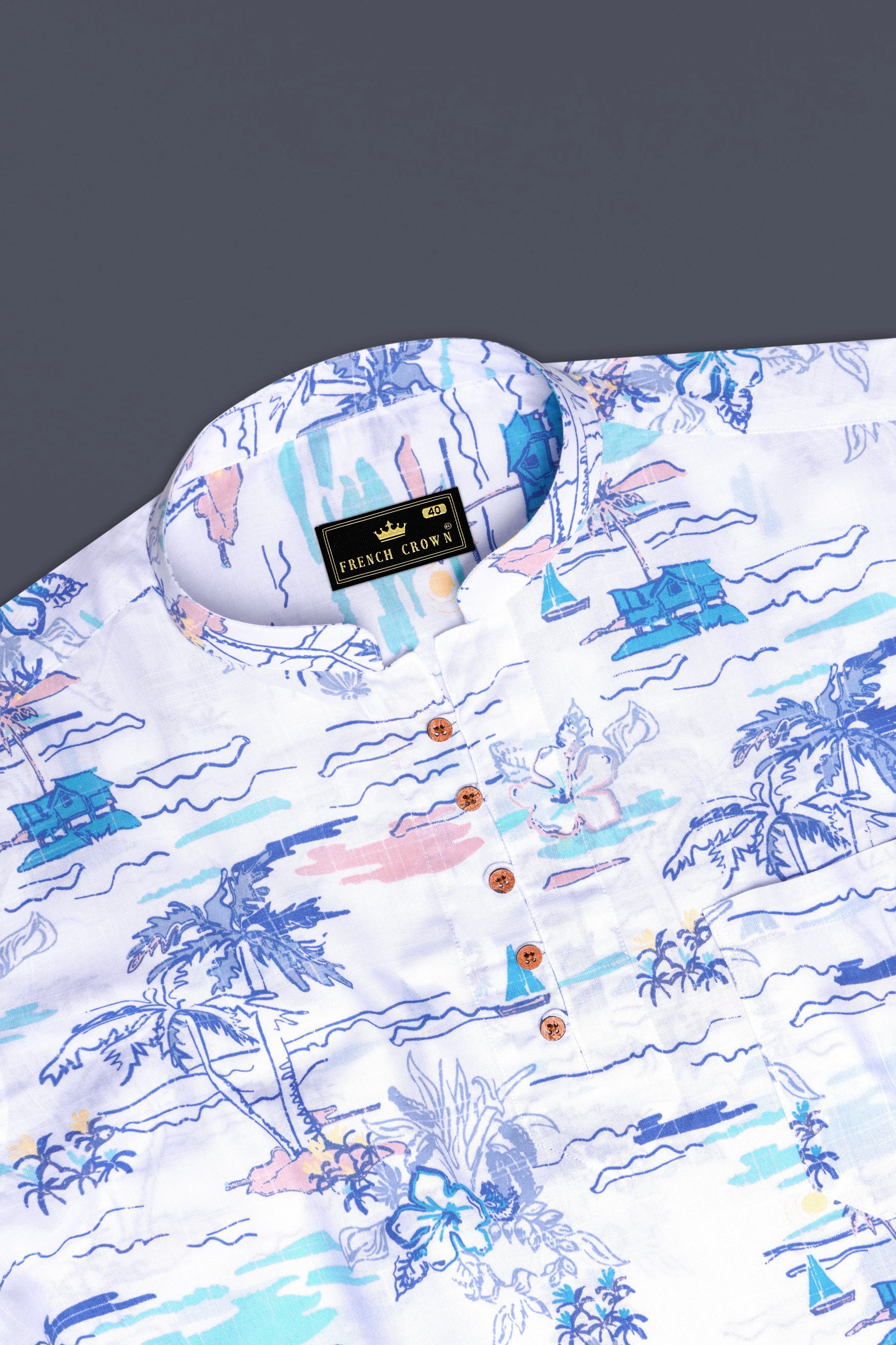 AzureGlow-Bright White And Mabel Blue Printed Chambray Premium Cotton Casual Kurta Shirt sold by French Crown product image thumbnail 5