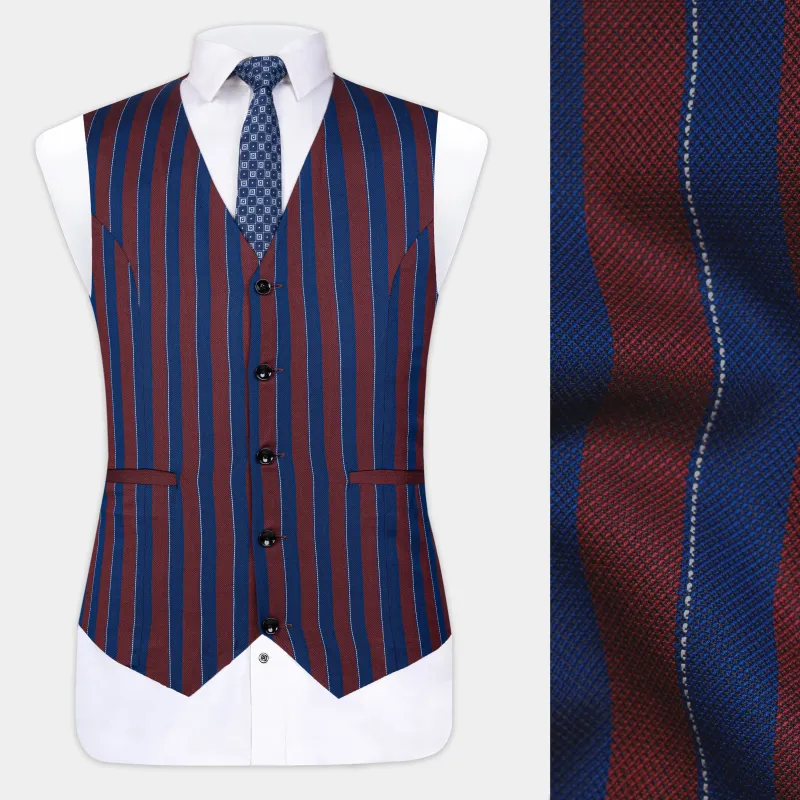 Espresso Red and Downriver Blue Striped Wool Rich Waistcoat sold by French Crown