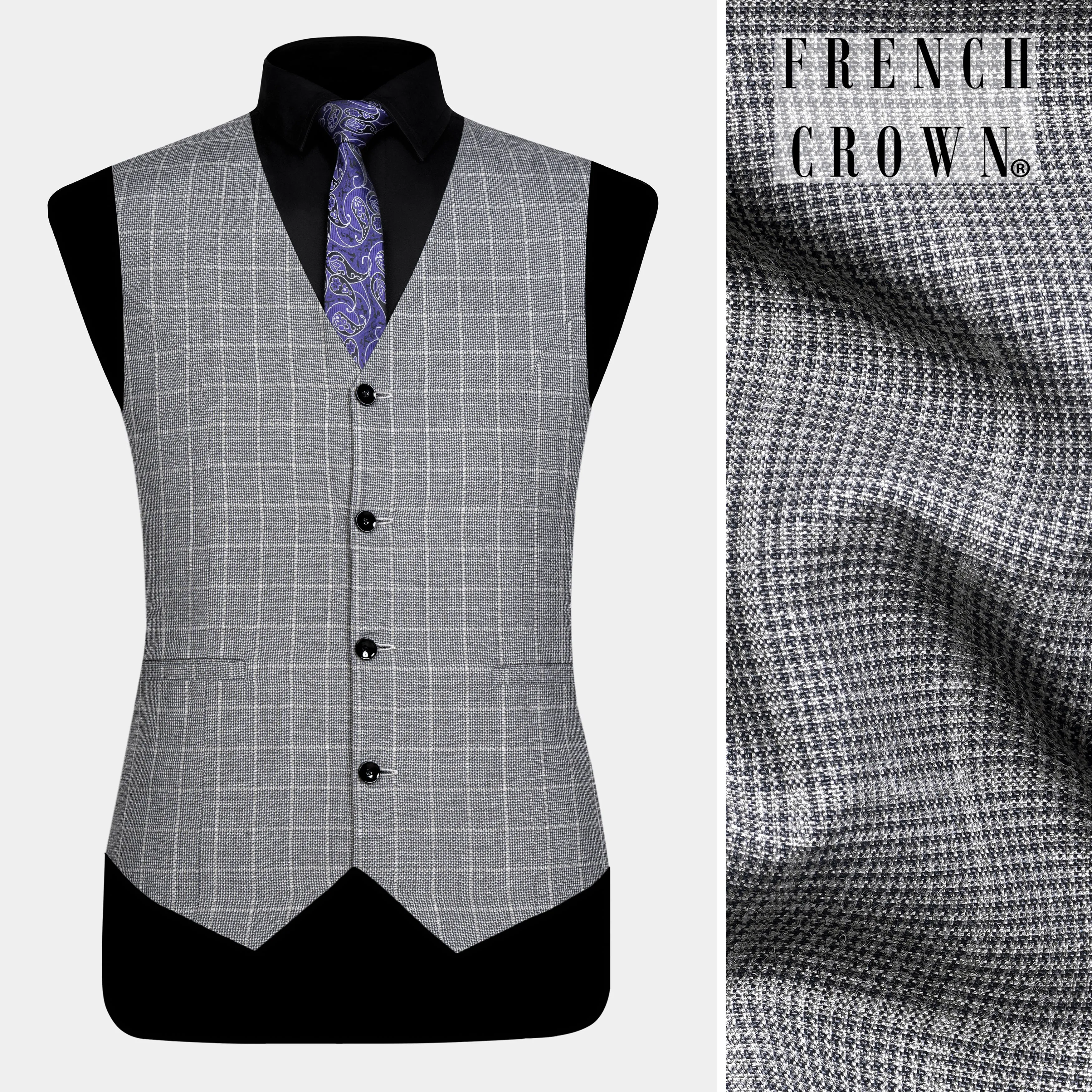Boulder Gray Windowpane Wool Rich Waistcoat sold by French Crown