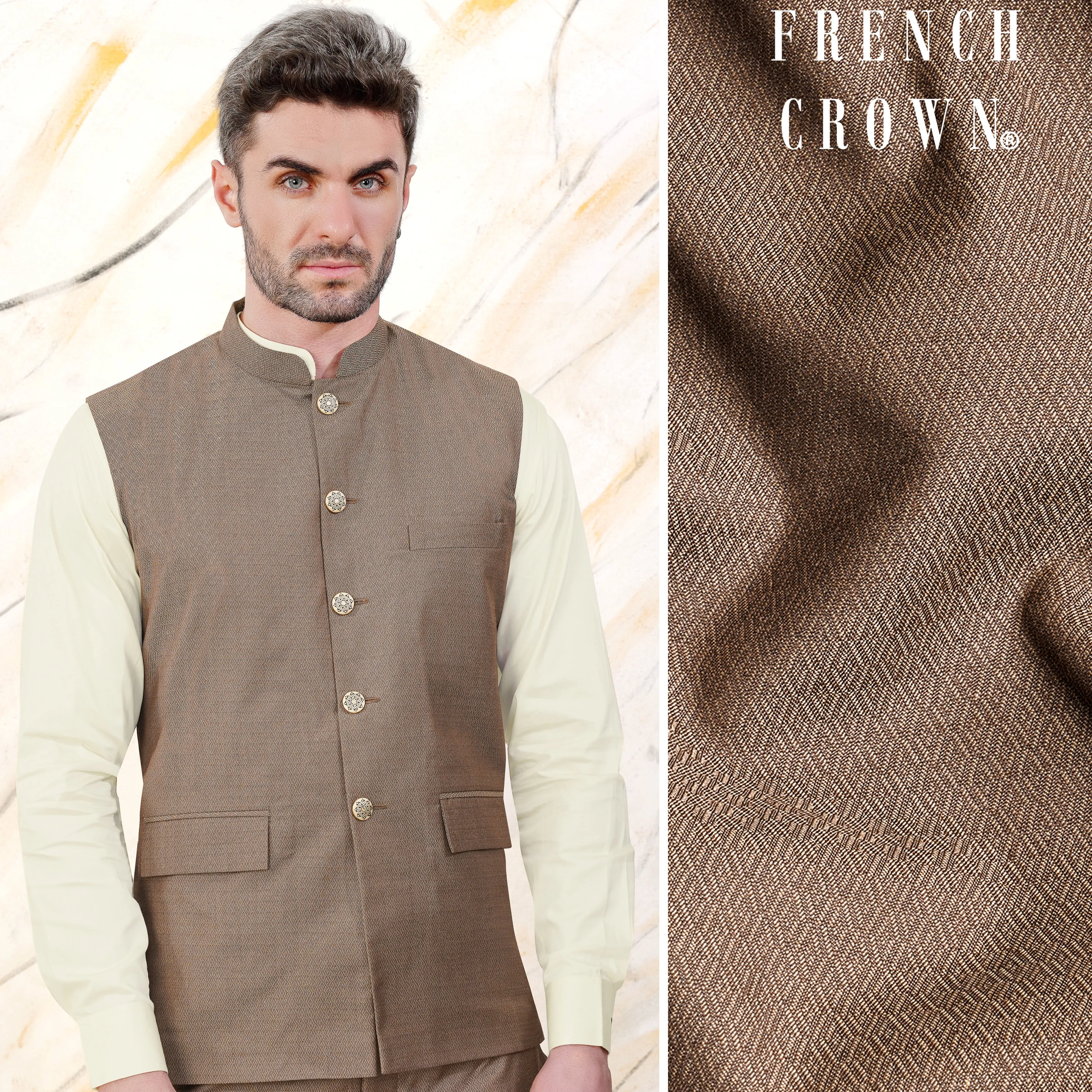 Hemp Brown Wool Rich Nehru Jacket sold by French Crown