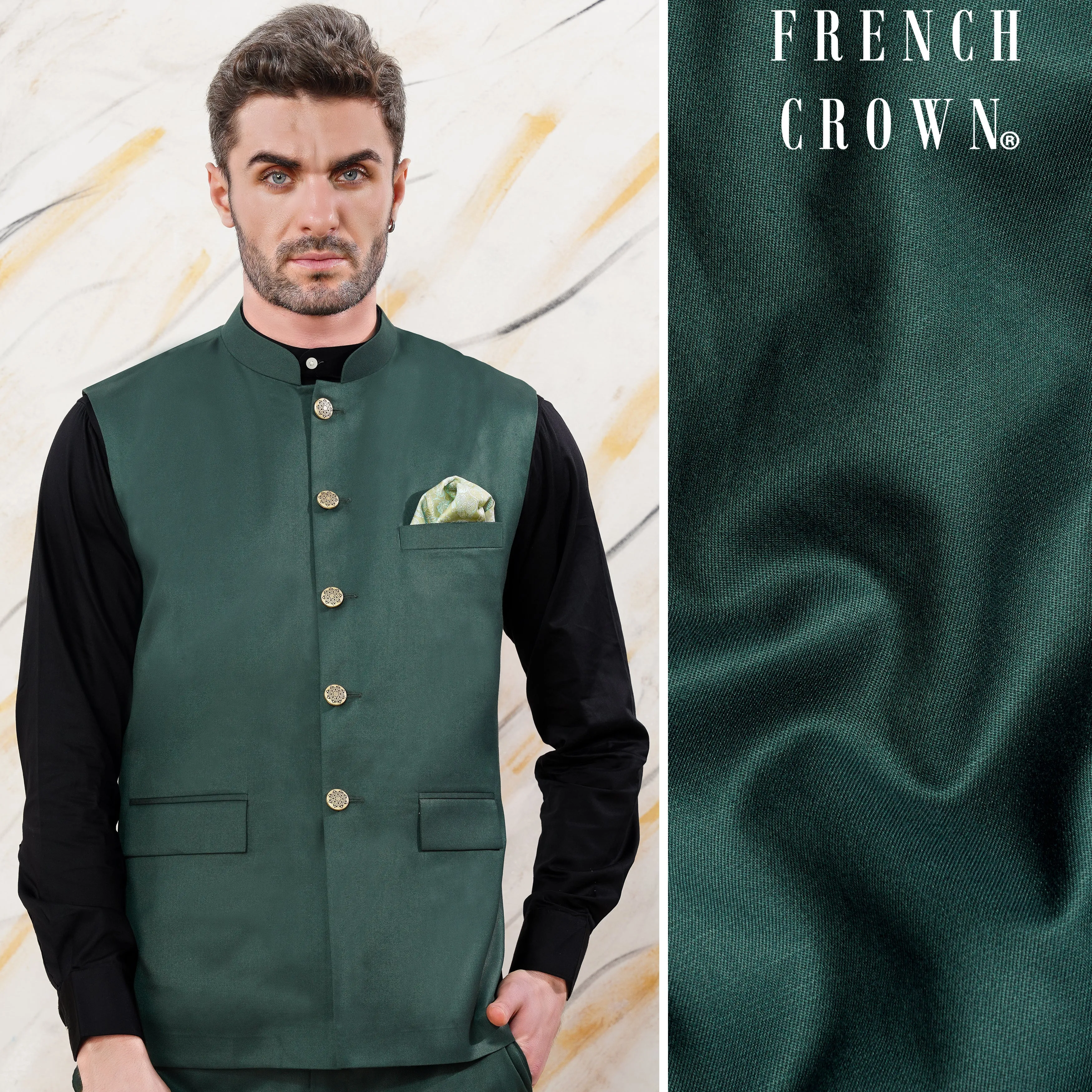 Gable Green Wool Rich Nehru Jacket sold by French Crown