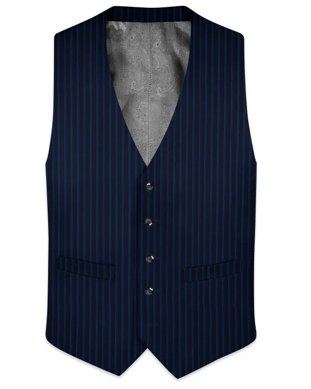 Ebony Blue and Marine Blue Pinstriped Wool Rich Waistcoat sold by French Crown