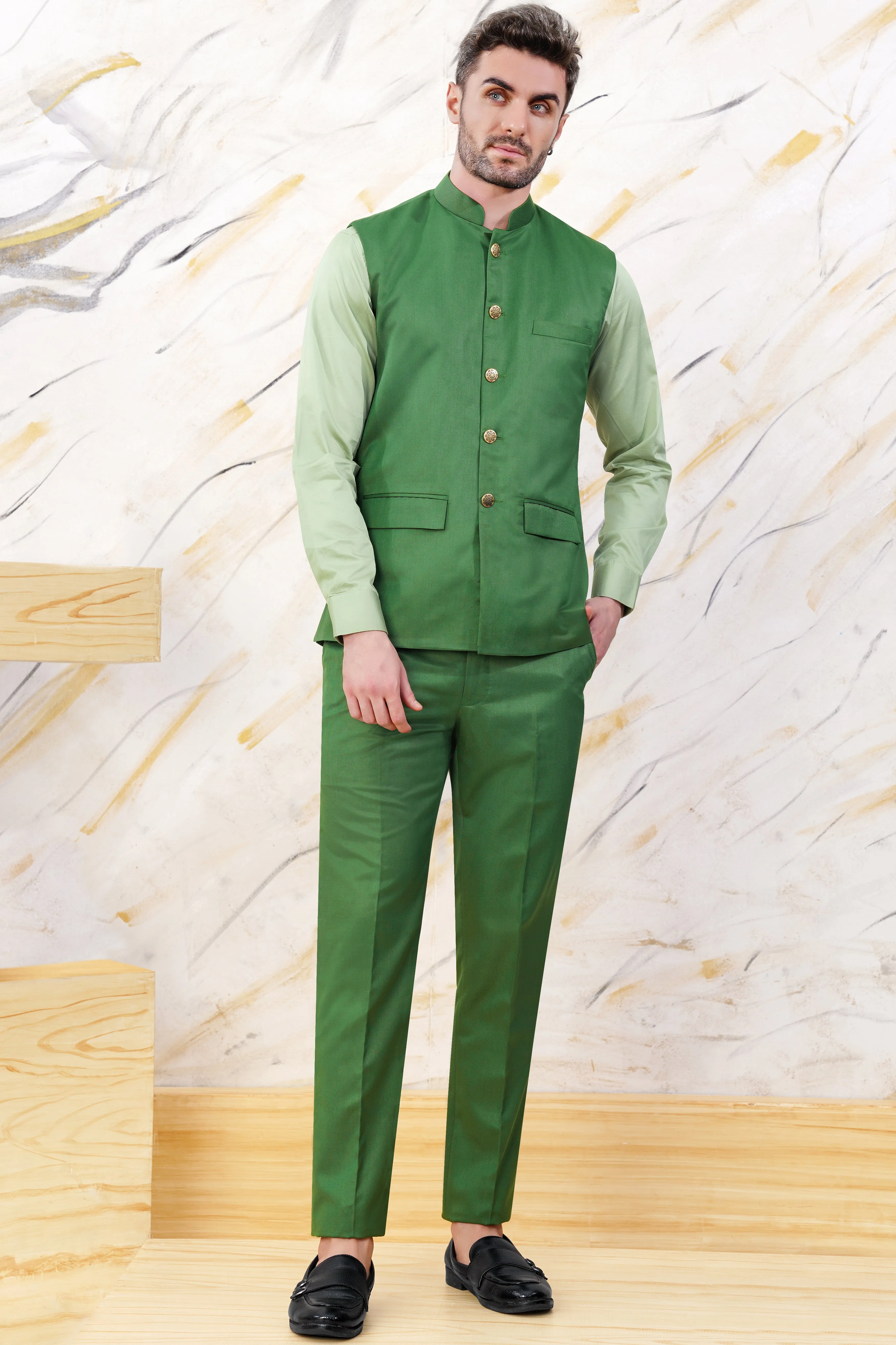Como Green Wool Rich Nehru Jacket sold by French Crown product image thumbnail 5