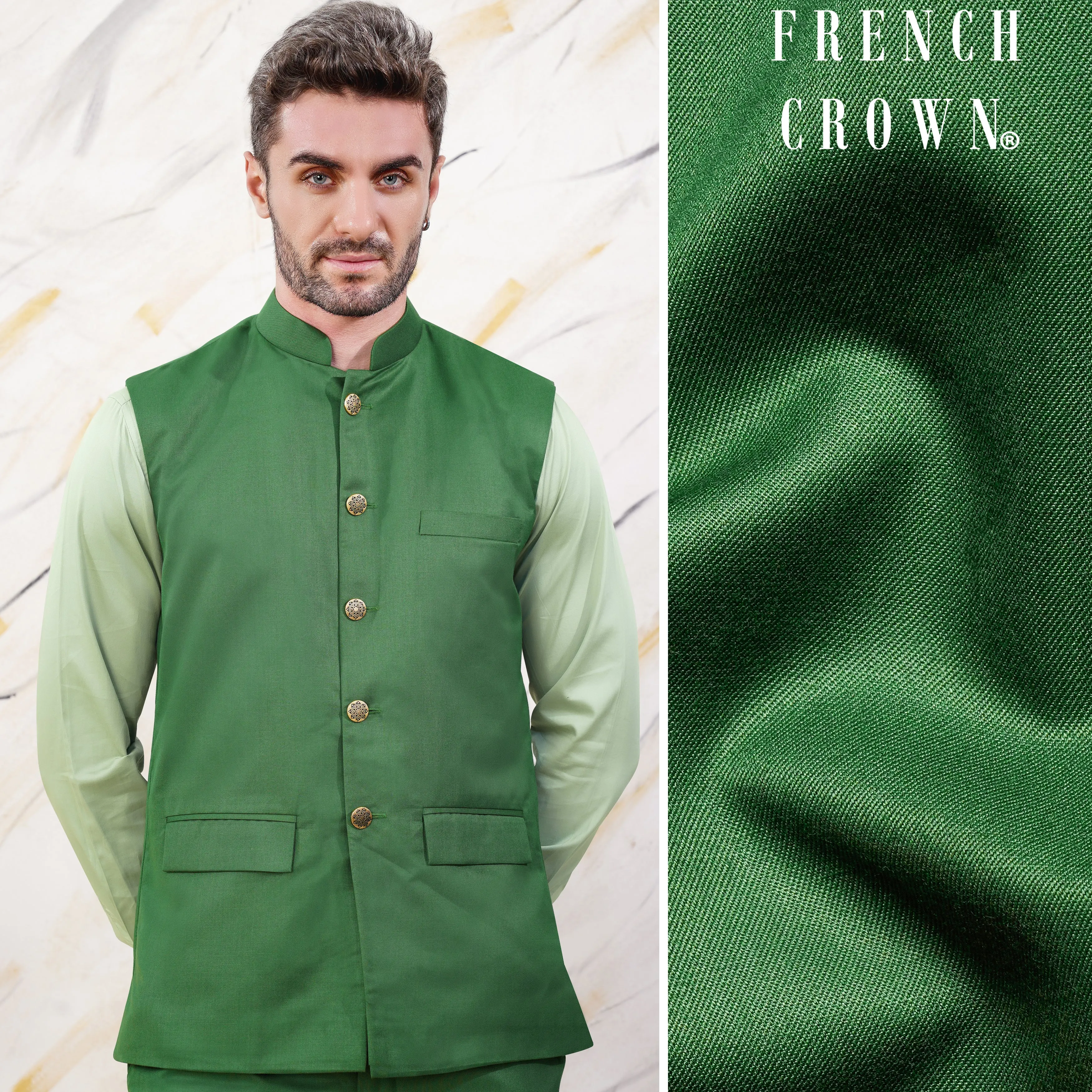 Como Green Wool Rich Nehru Jacket sold by French Crown