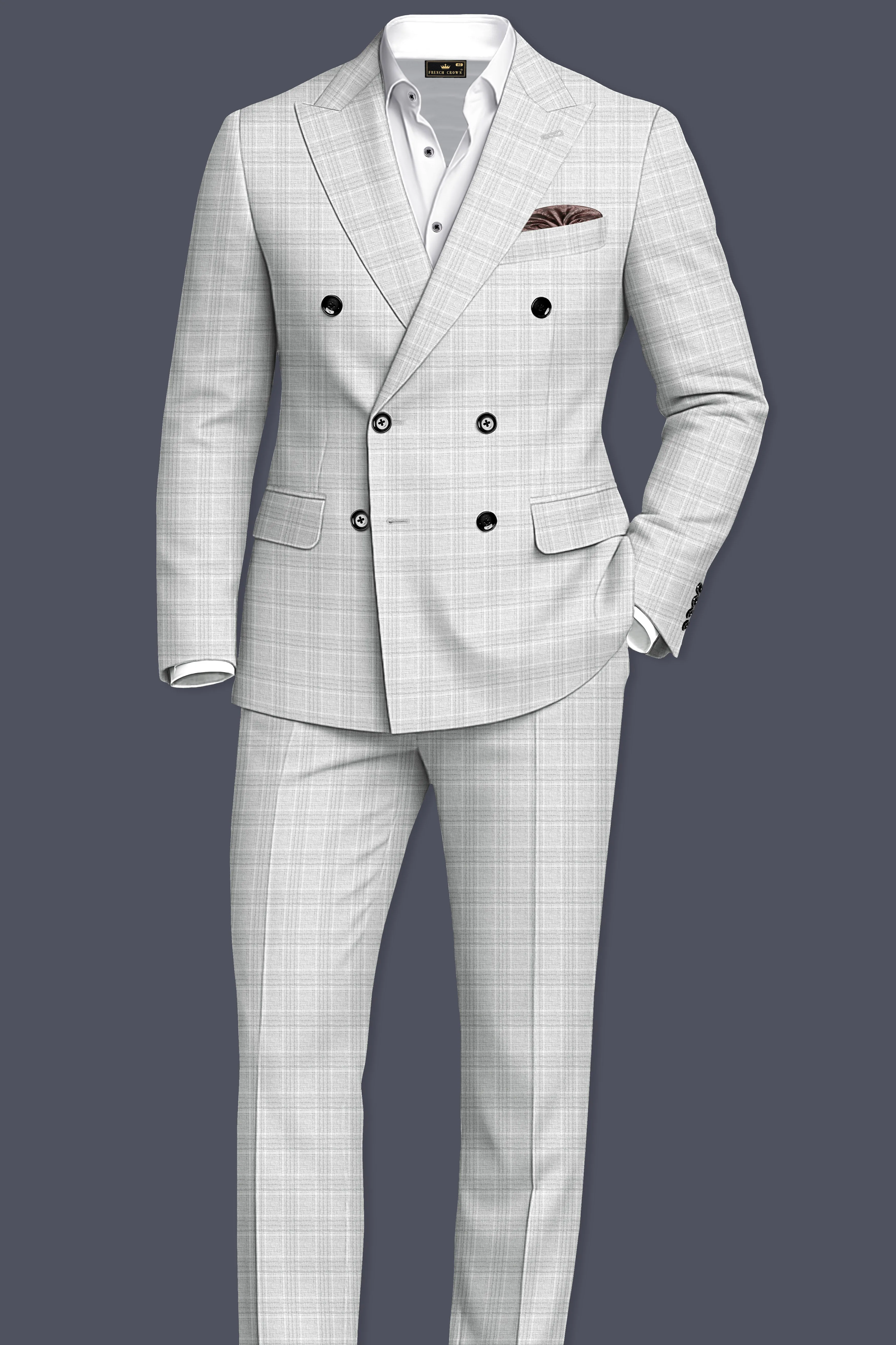 Cloud Gray Plaid Wool Rich Double Breasted Suit sold by French Crown product image thumbnail 4
