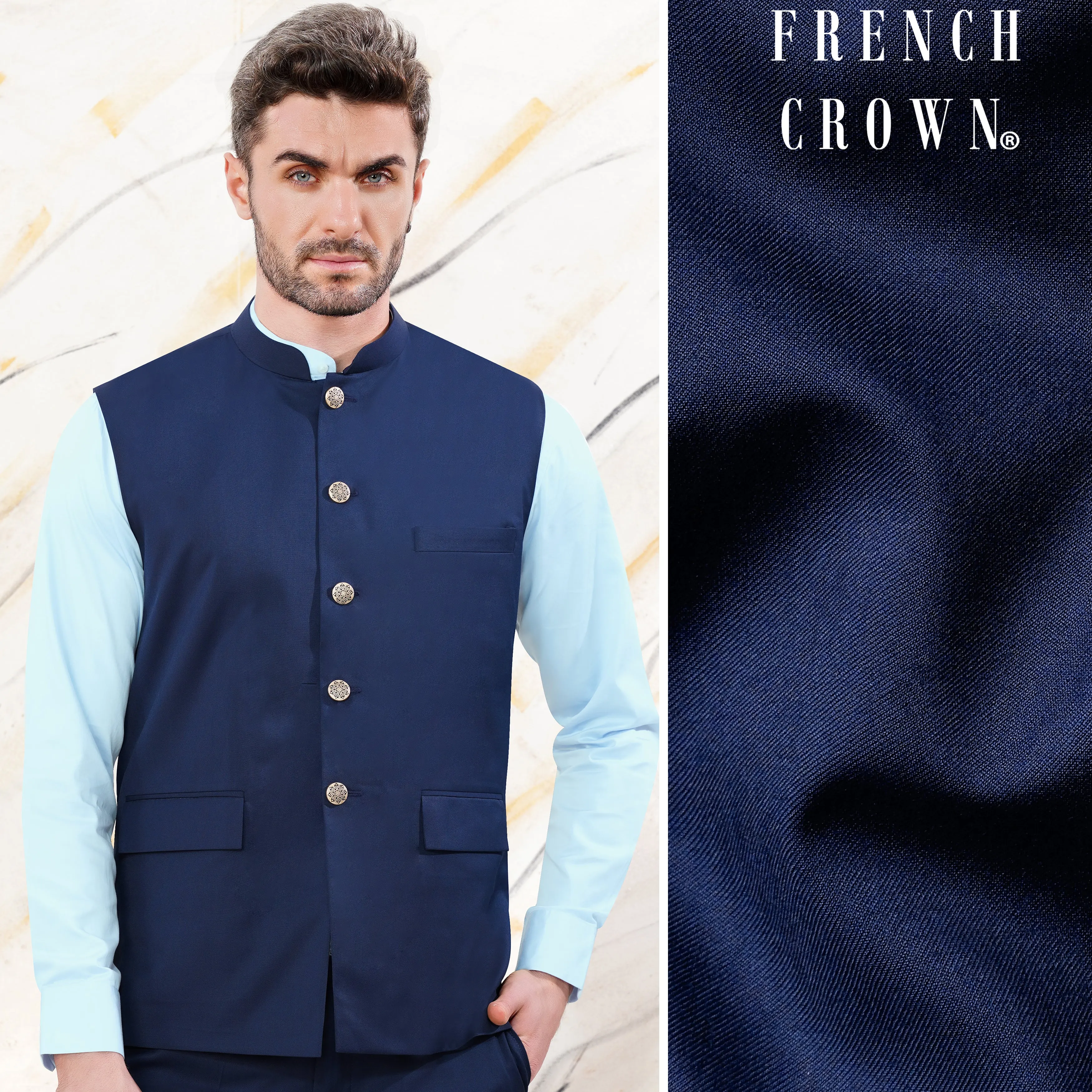 Cloud Burst Blue Wool Rich Nehru Jacket sold by French Crown