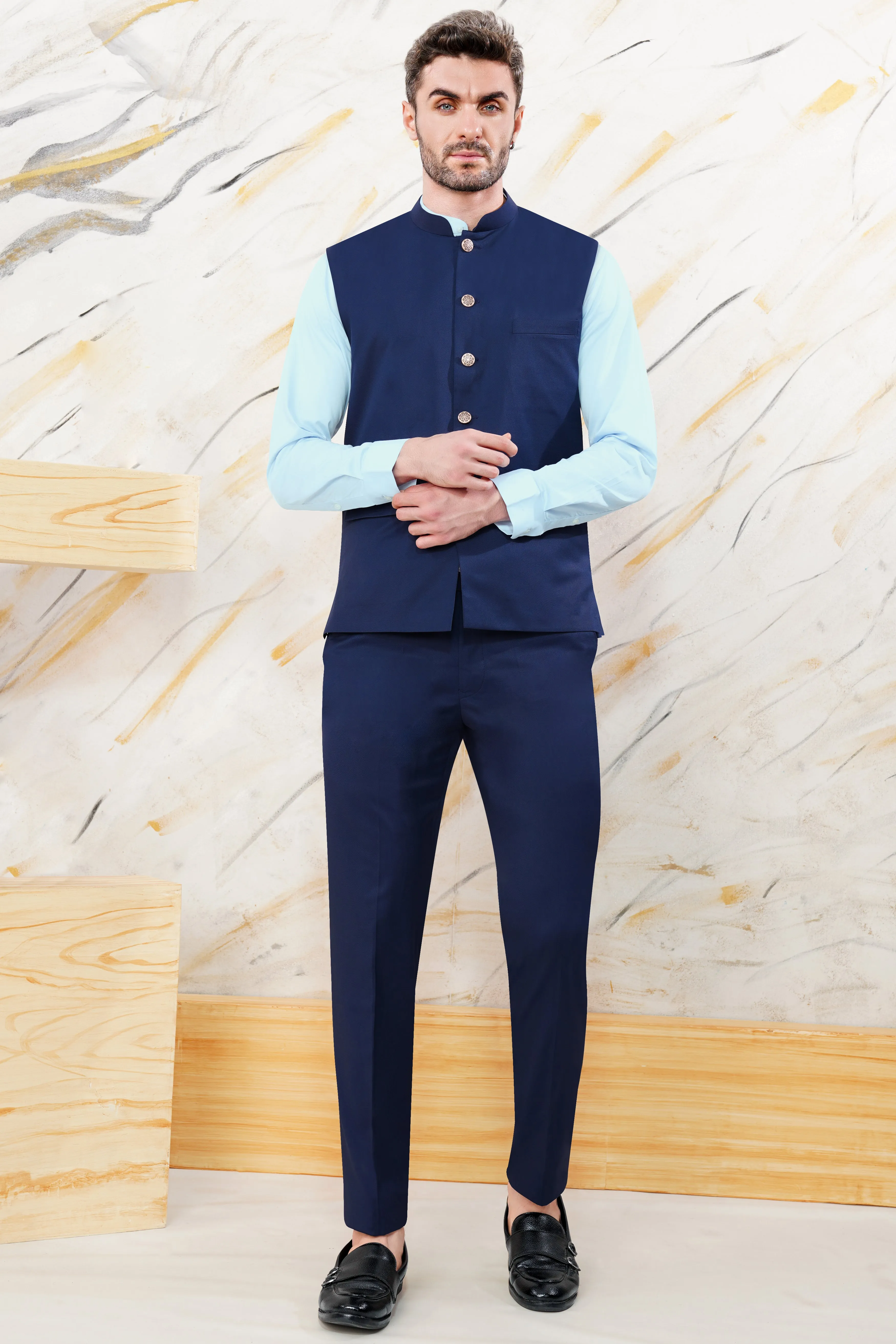 Cloud Burst Blue Wool Rich Nehru Jacket sold by French Crown product image thumbnail 5