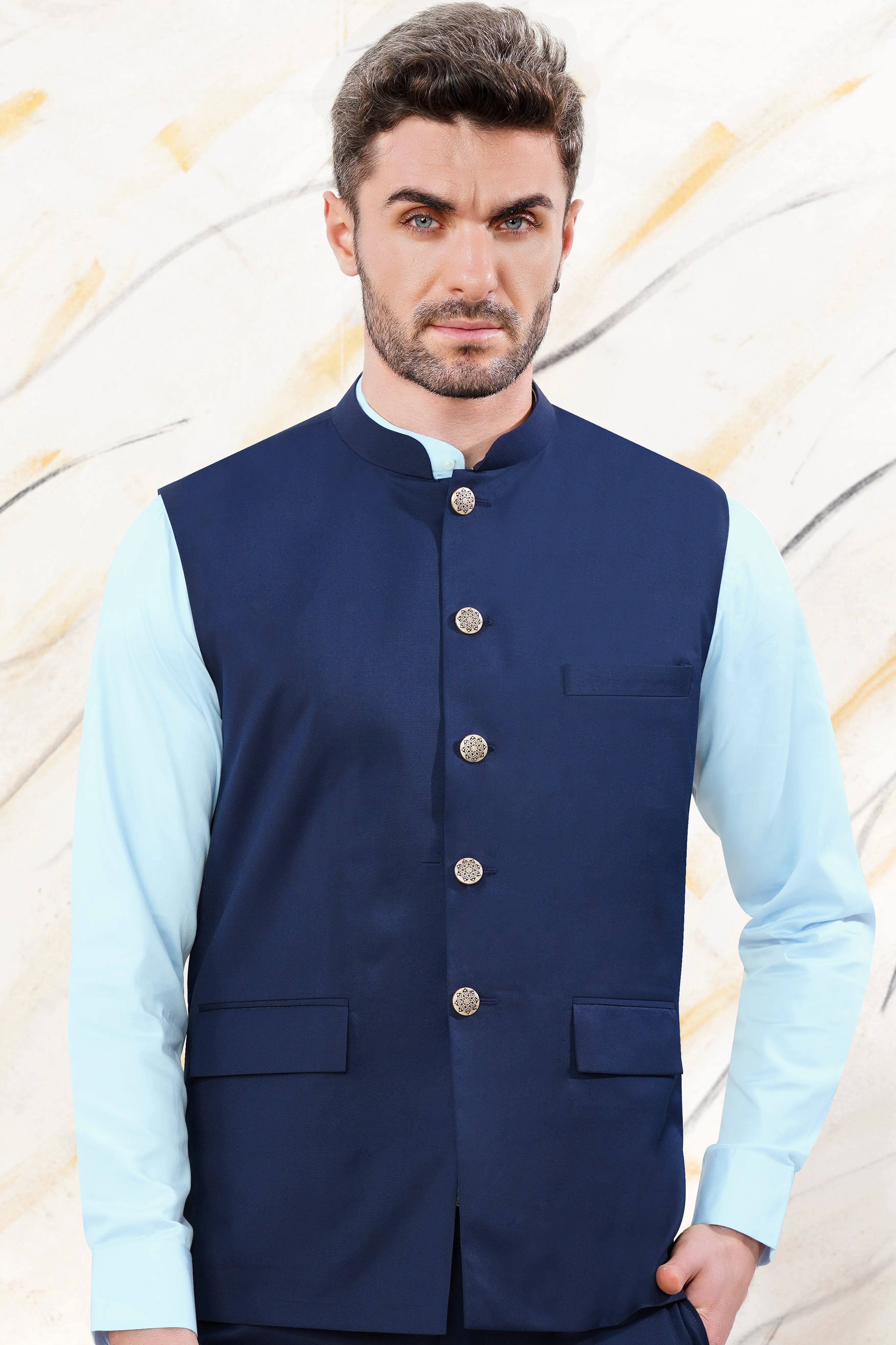 Cloud Burst Blue Wool Rich Nehru Jacket sold by French Crown product image thumbnail 2