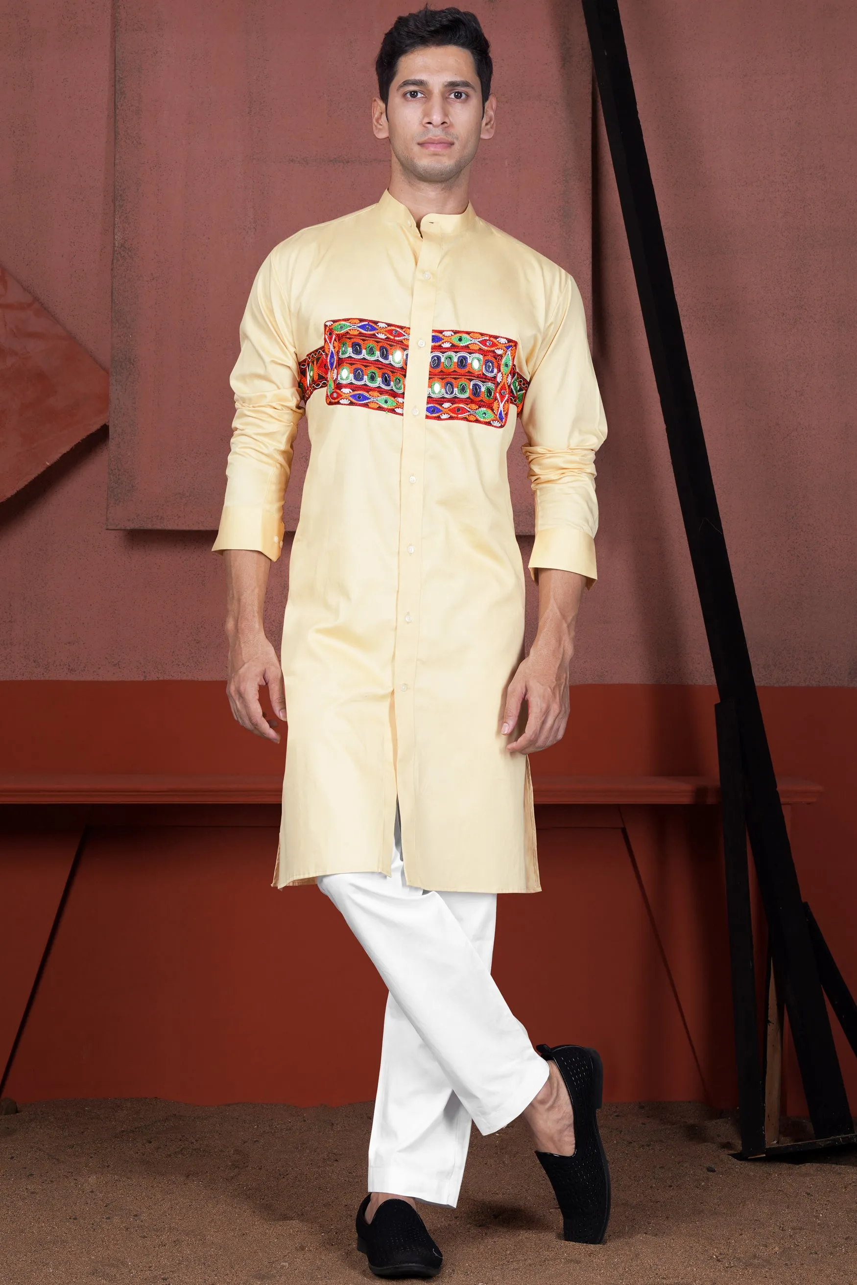 Chamois Beige Horizontal Kutch Work Patches with Mirror Work Subtle Sheen Super Soft Premium Cotton Designer Kurta Set sold by French Crown product image thumbnail 2