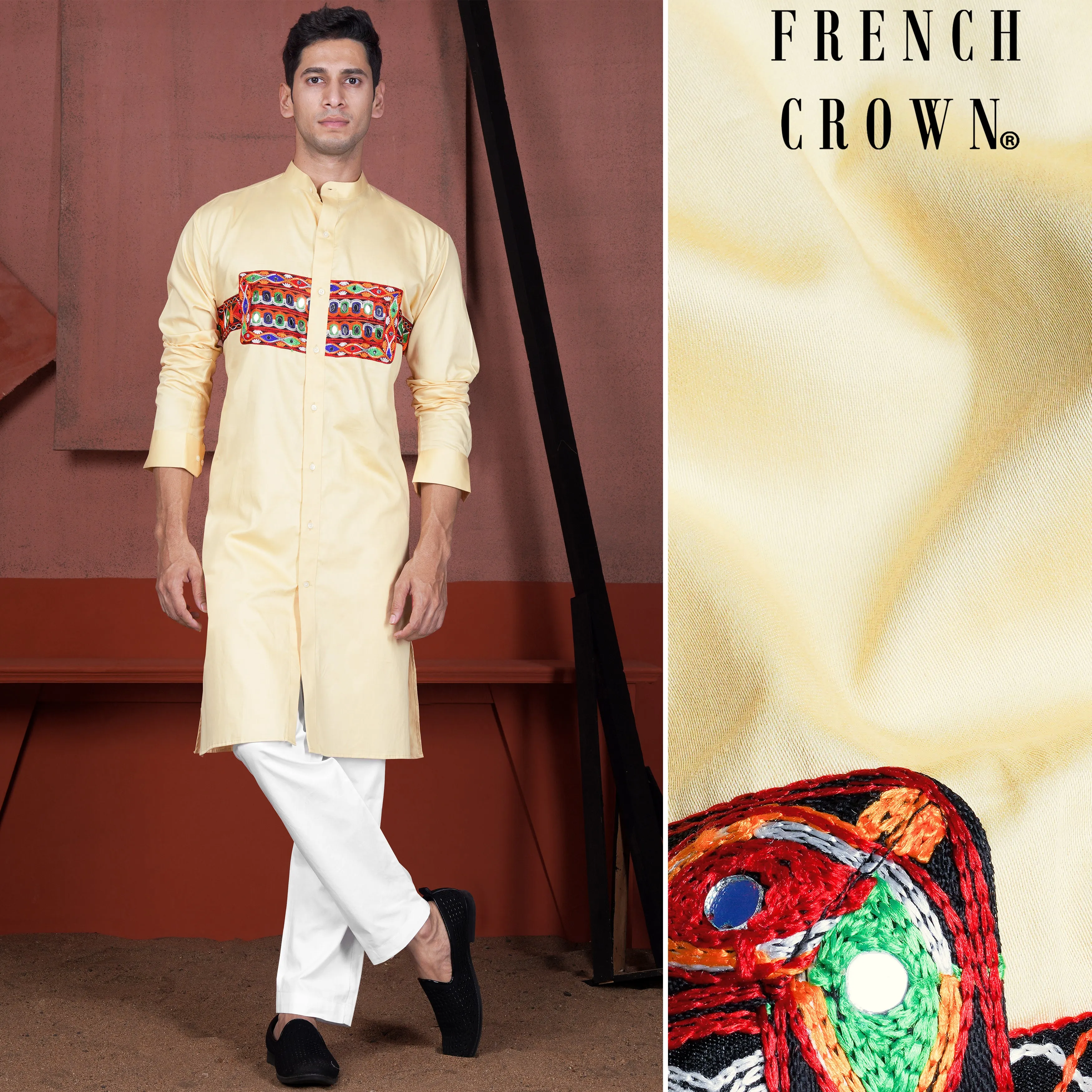 Chamois Beige Horizontal Kutch Work Patches with Mirror Work Subtle Sheen Super Soft Premium Cotton Designer Kurta Set sold by French Crown