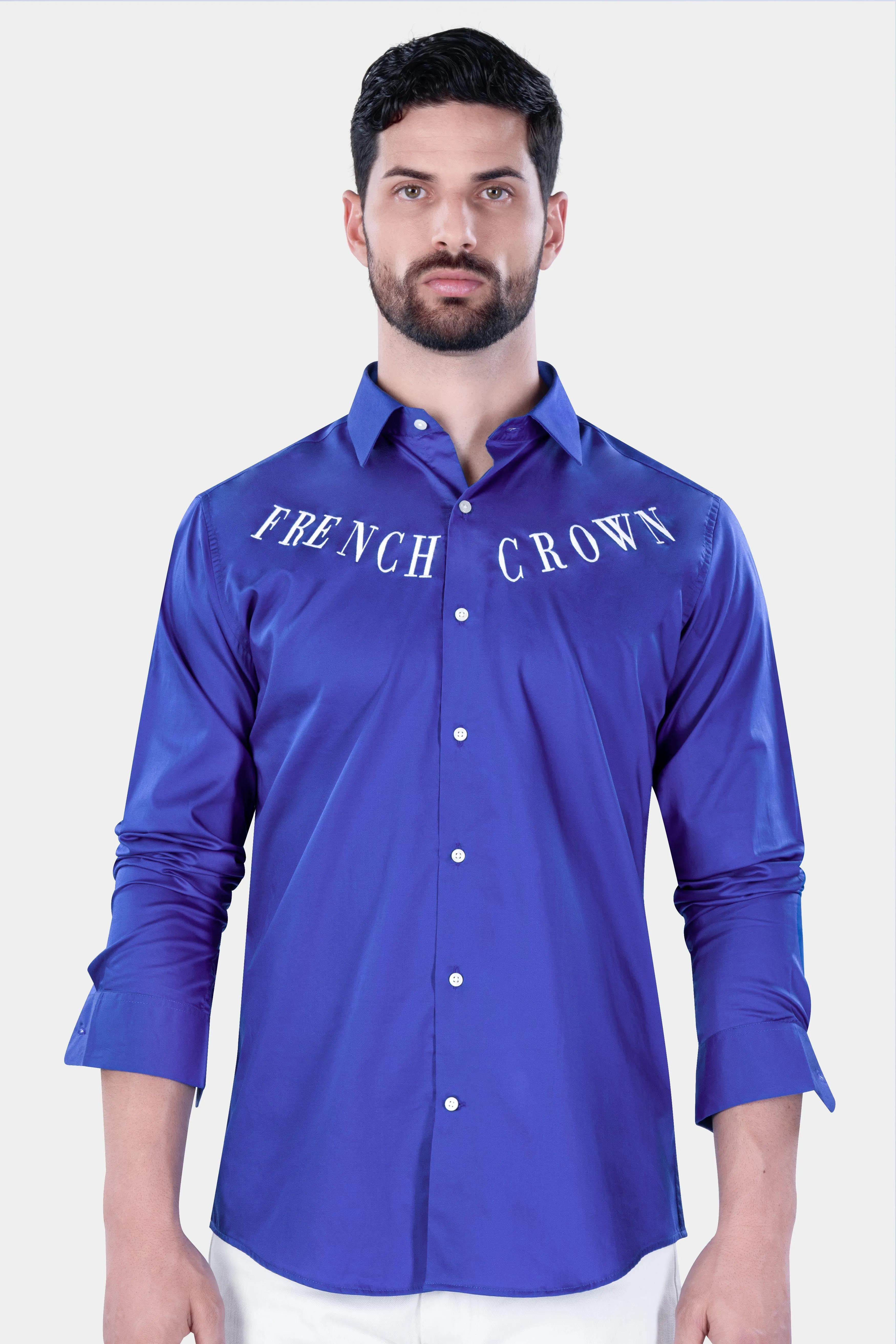 Cerulean Blue French Crown Embroidered Subtle Sheen Super Soft Premium Cotton Designer Shirt sold by French Crown product image thumbnail 2
