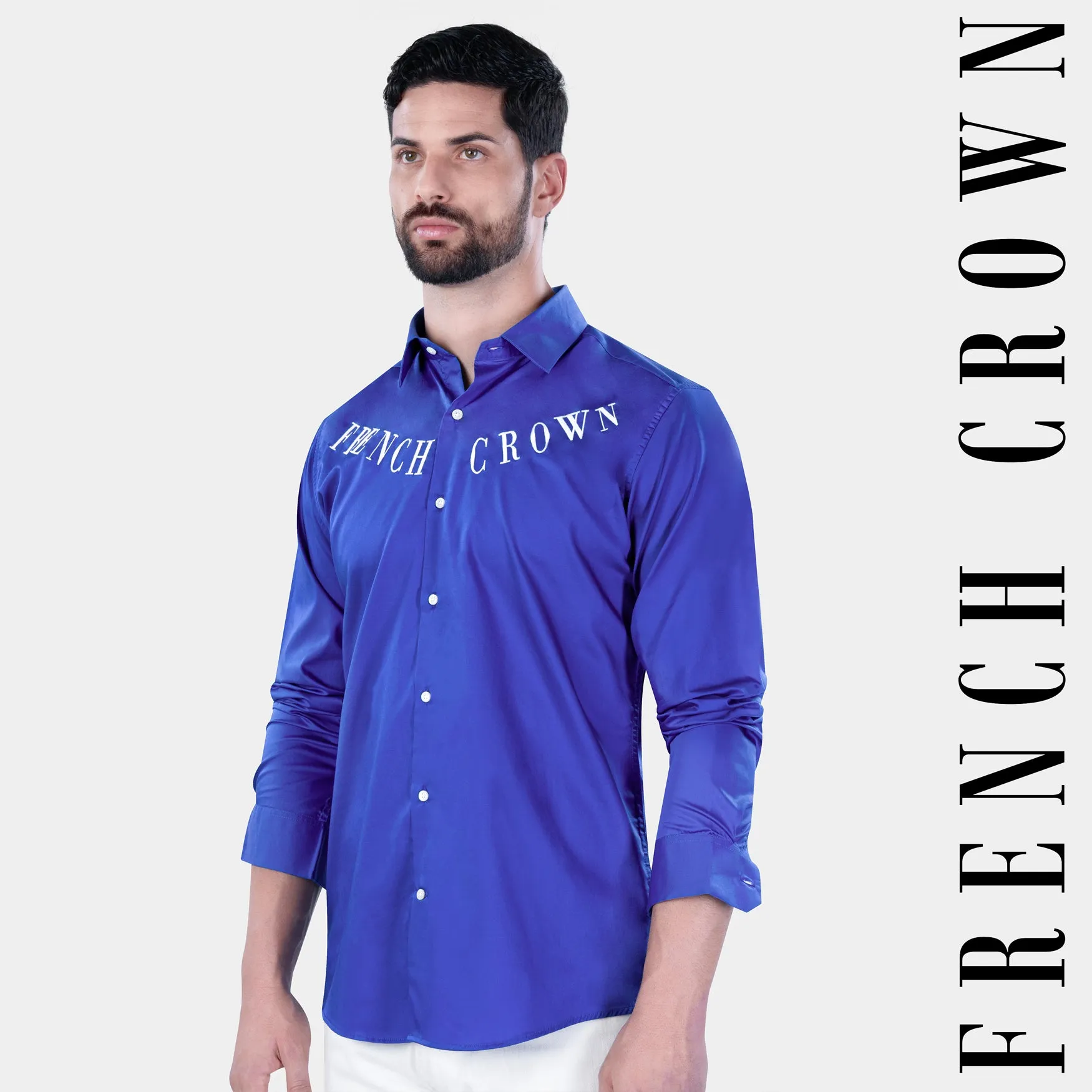 Cerulean Blue French Crown Embroidered Subtle Sheen Super Soft Premium Cotton Designer Shirt sold by French Crown