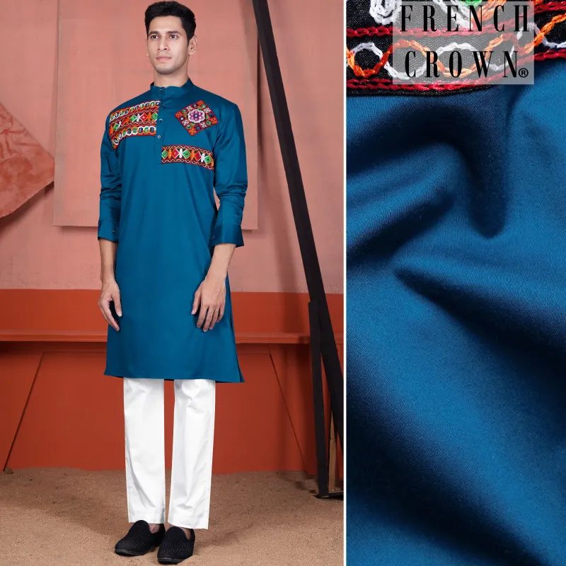 Astronaut Blue Multicolour Kutch Work Patches with Mirror Work Subtle Sheen Super Soft Premium Cotton Designer Kurta Set sold by French Crown