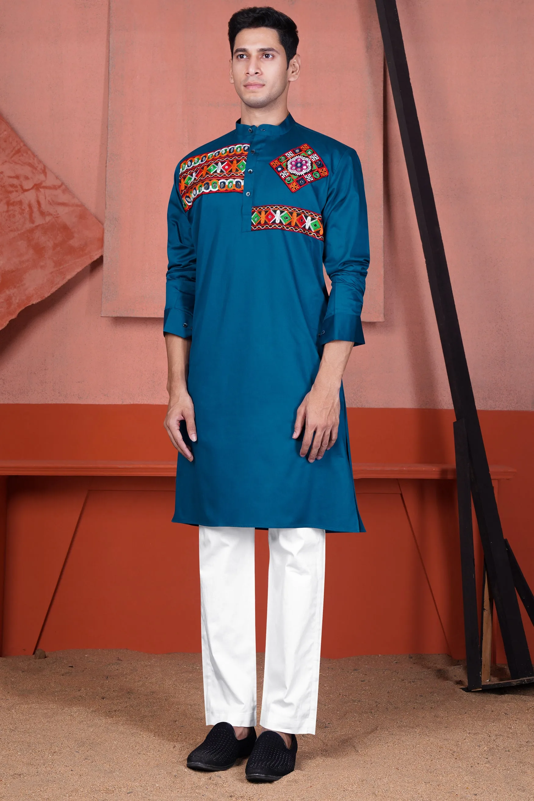 Astronaut Blue Multicolour Kutch Work Patches with Mirror Work Subtle Sheen Super Soft Premium Cotton Designer Kurta Set sold by French Crown product image thumbnail 2