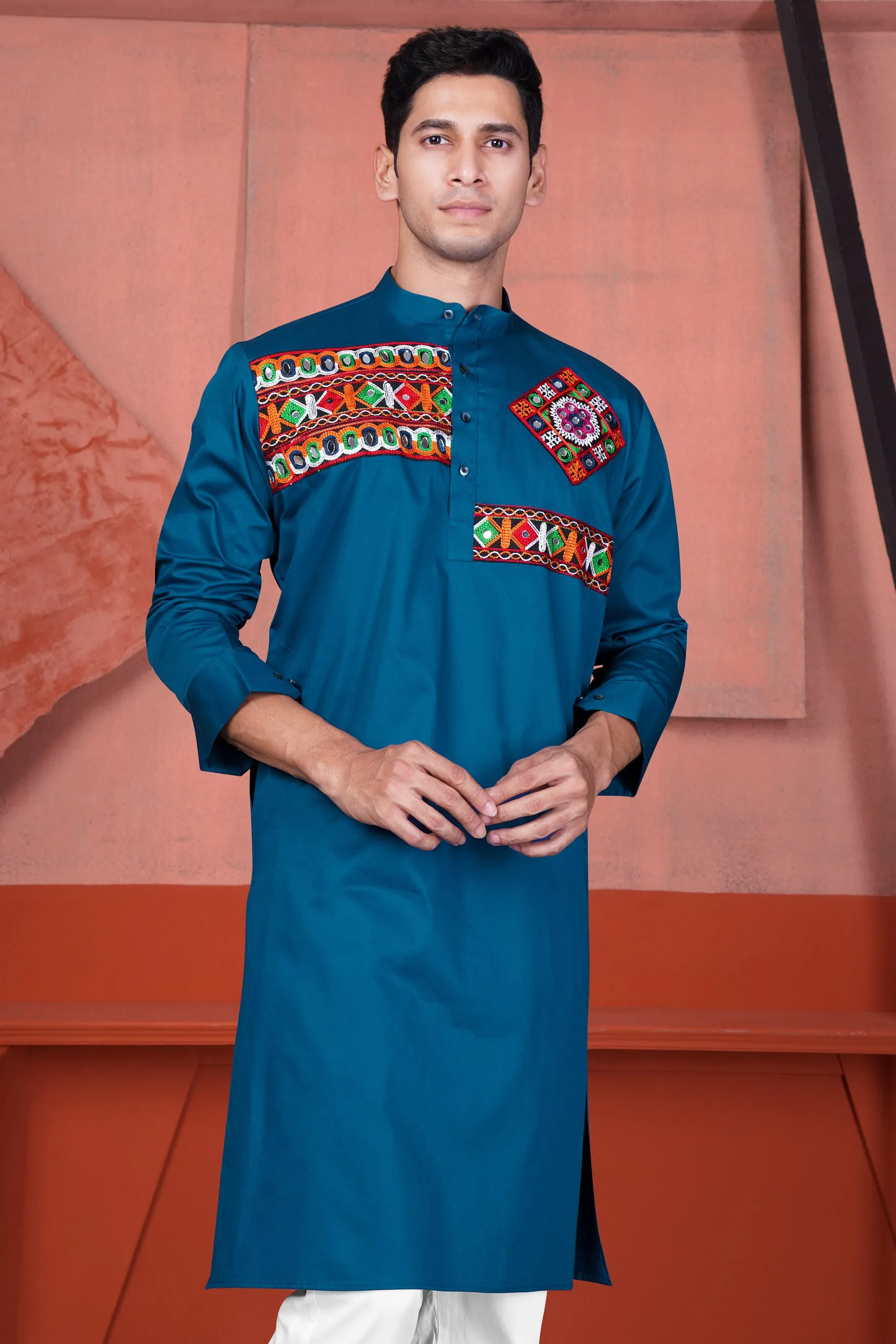 Astronaut Blue Multicolour Kutch Work Patches with Mirror Work Subtle Sheen Super Soft Premium Cotton Designer Kurta Set sold by French Crown product image thumbnail 5